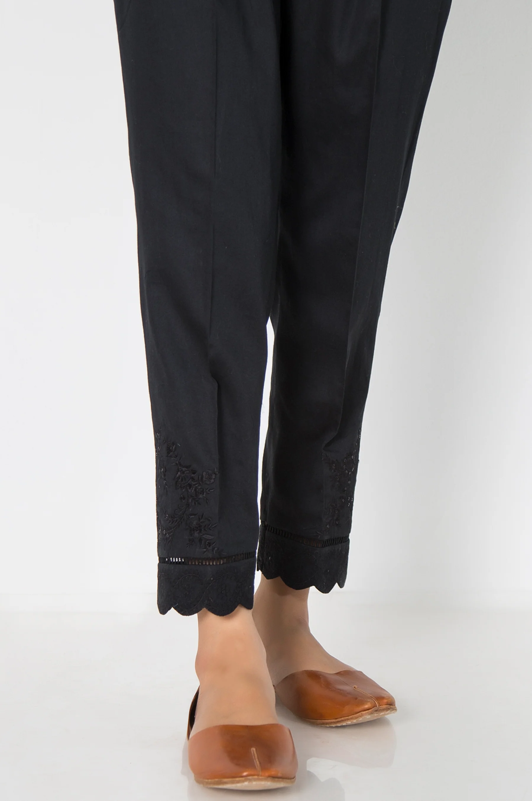 Embroidered Cotton Satin Cigarette Pants - Black