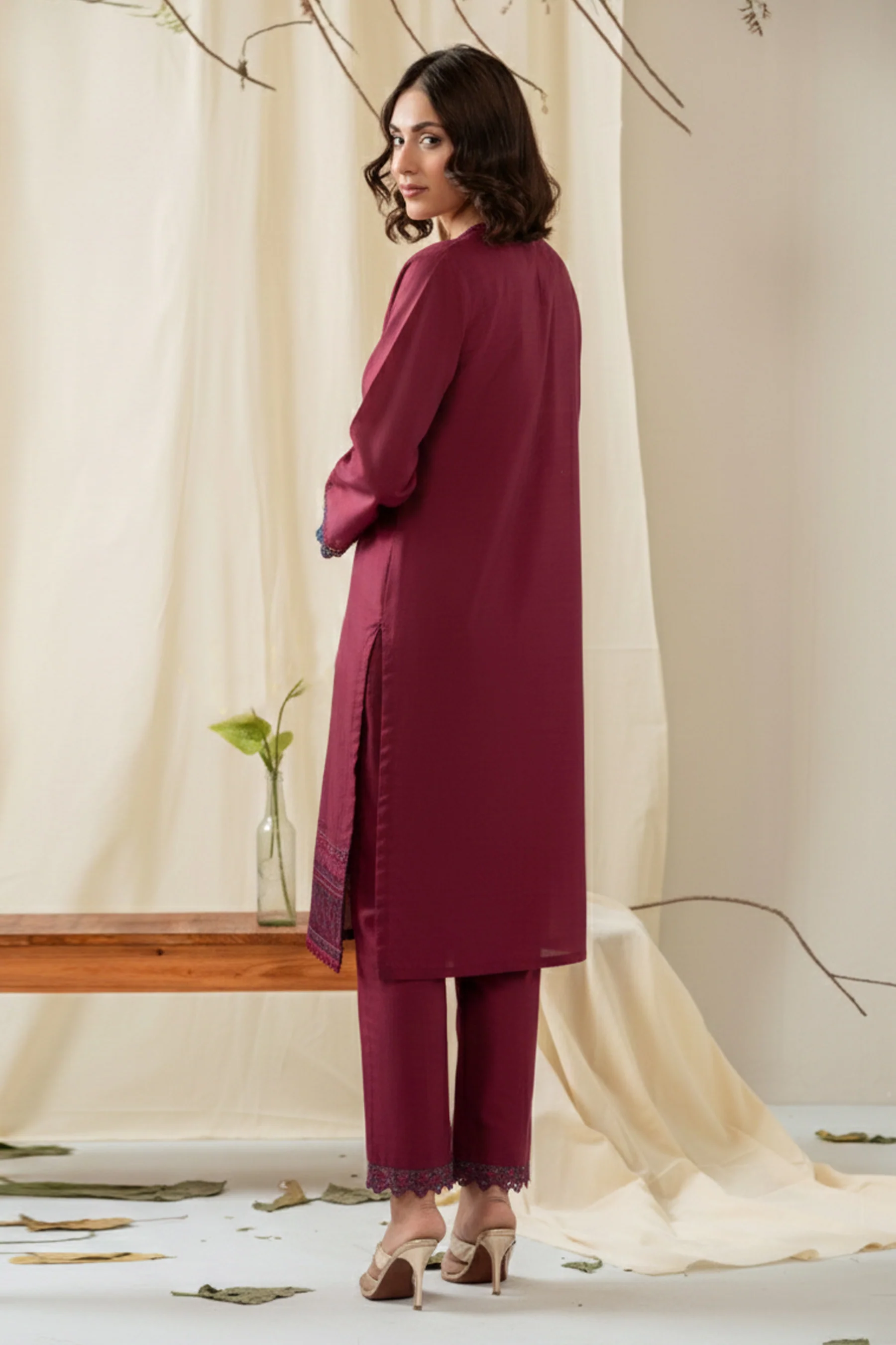 EMBROIDERED COTTON SILK STITCHED 3 PIECE SUIT (FACTORY E-OUTLET) - Image 3