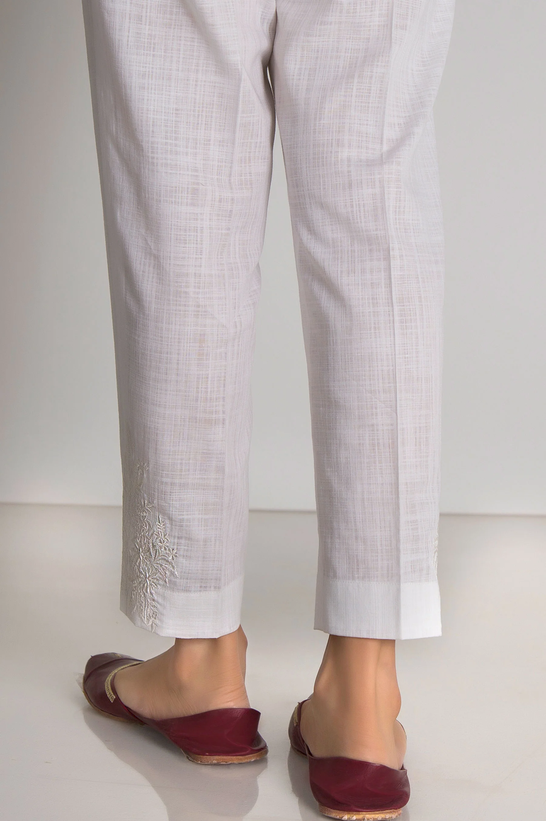 Embroidered Cotton Slub Cigarette Pant - White - Image 2