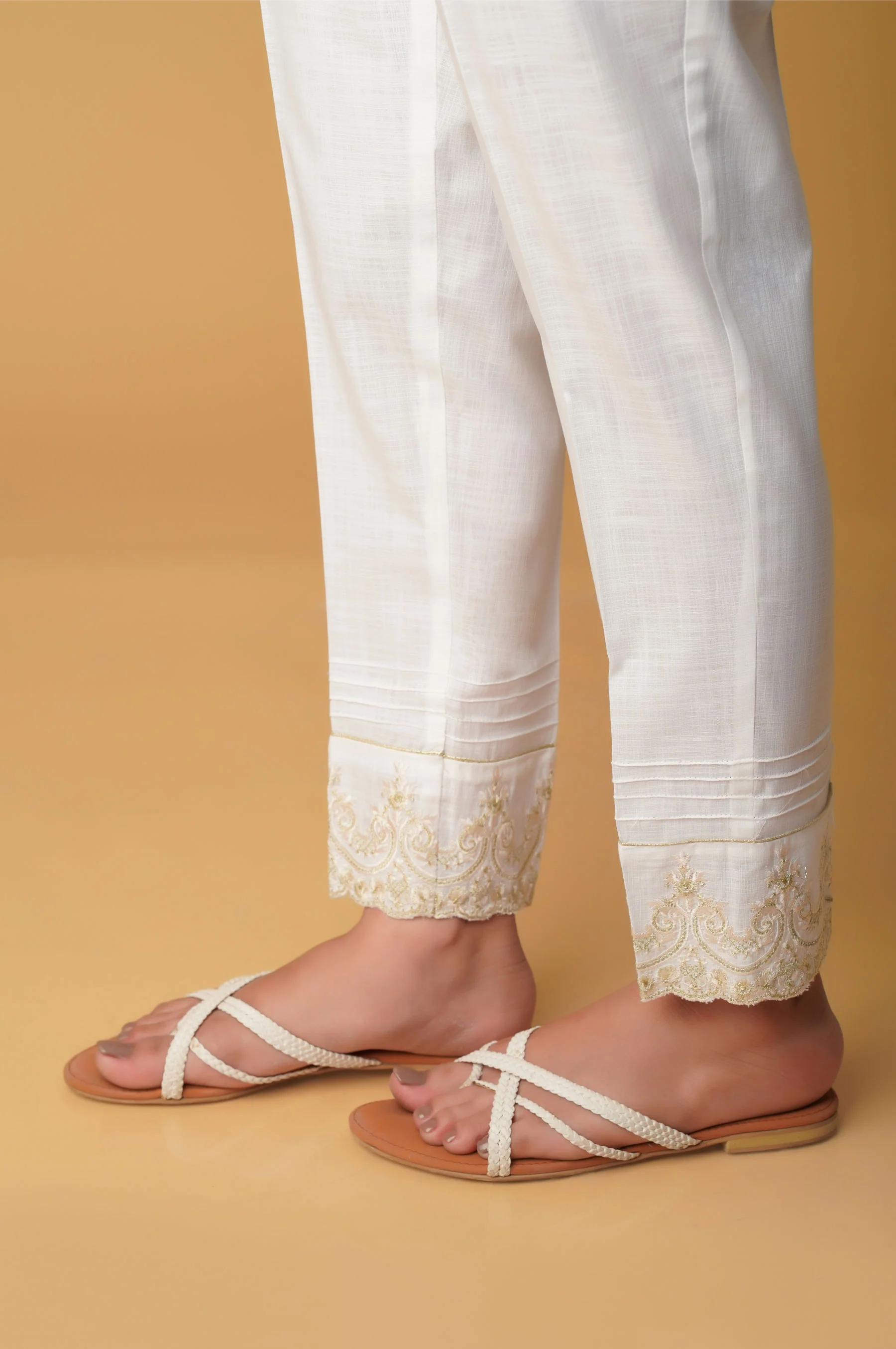 Embroidered Cotton Slub Cigarette Pants - White - Image 2