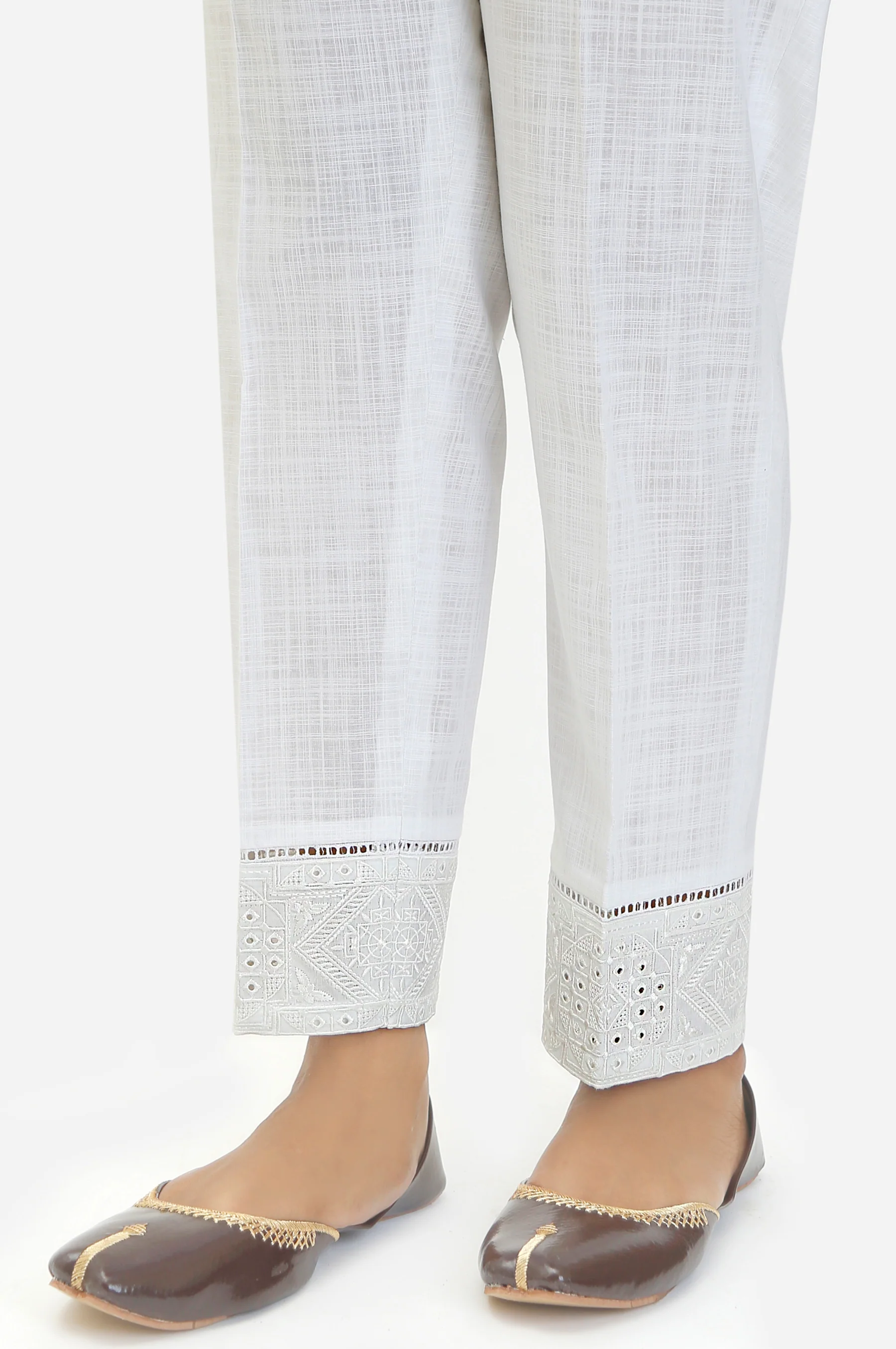Embroidered Cotton Slub Cigeratte Pants - Rose White - Image 2