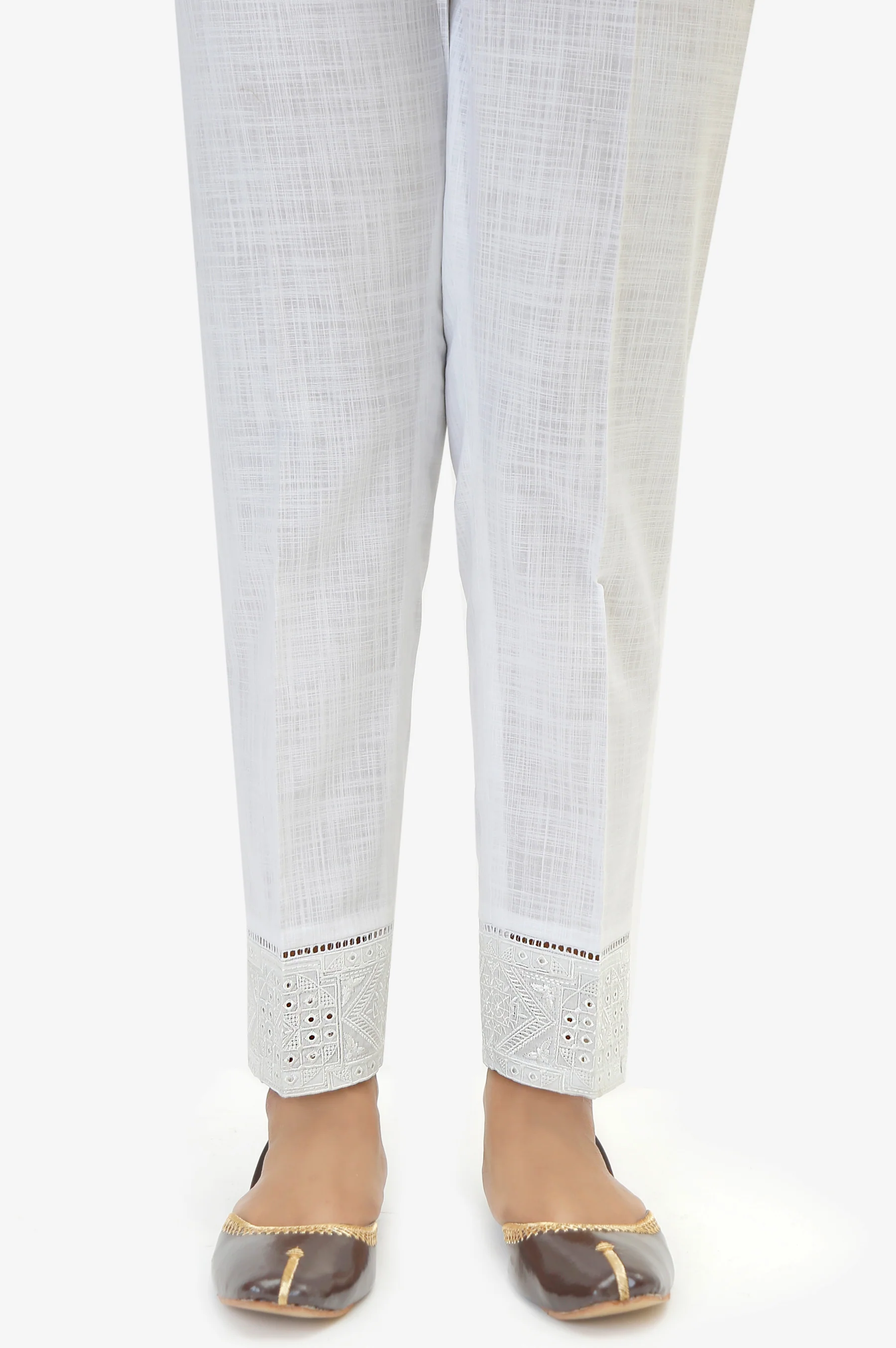 Embroidered Cotton Slub Cigeratte Pants - Rose White - Image 3