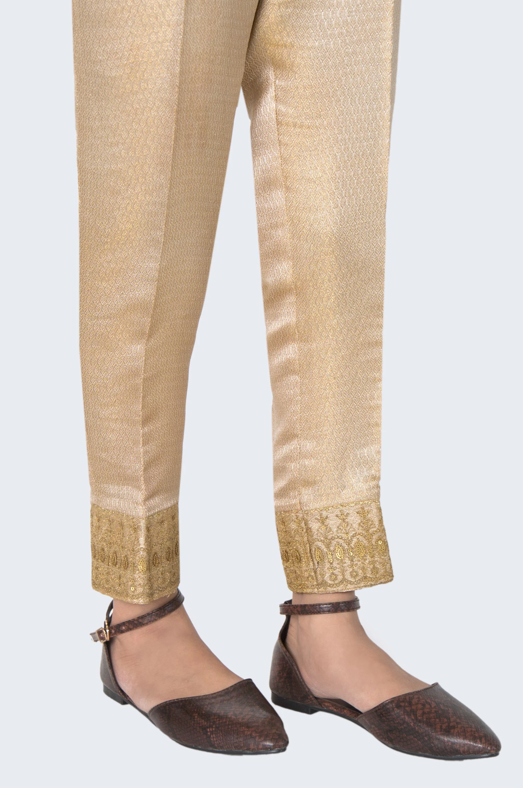 Embroidered Jamawar Pants - Golden - Image 3