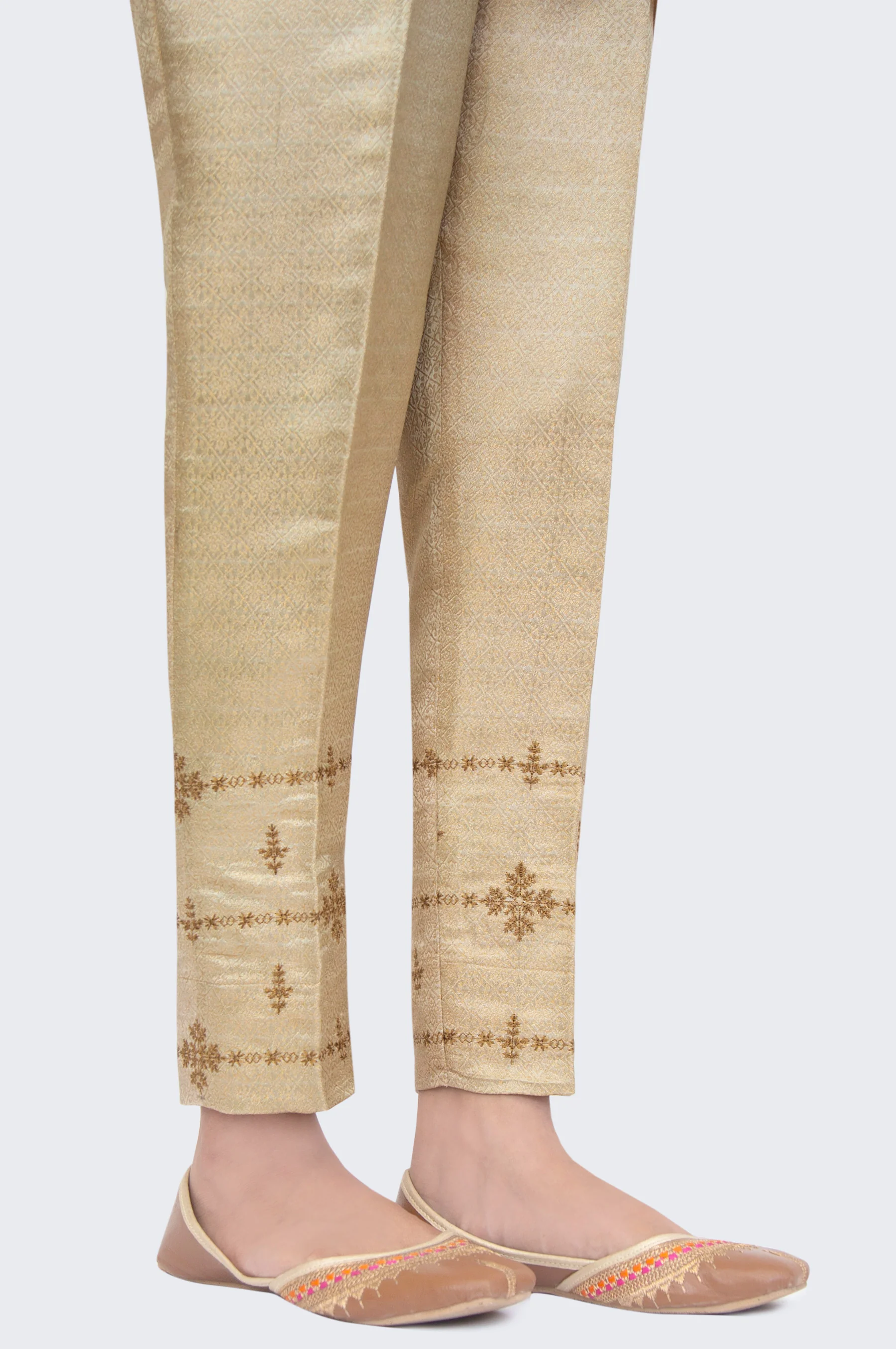 Embroidered Jamawar Cigarette Pants - Golden - Image 2