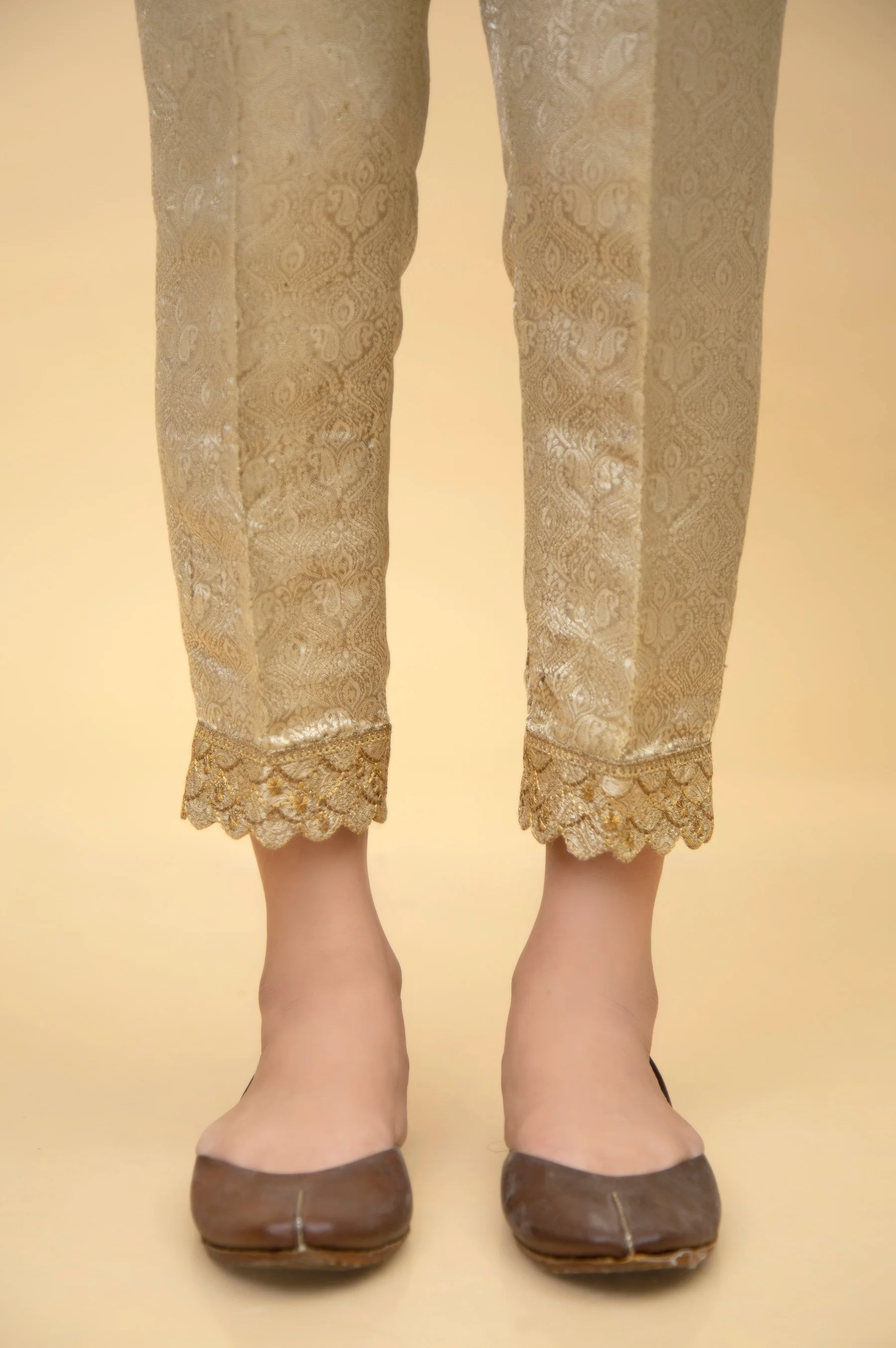 Embroidered Jamawar Cigarette Pants - Gold - Image 3
