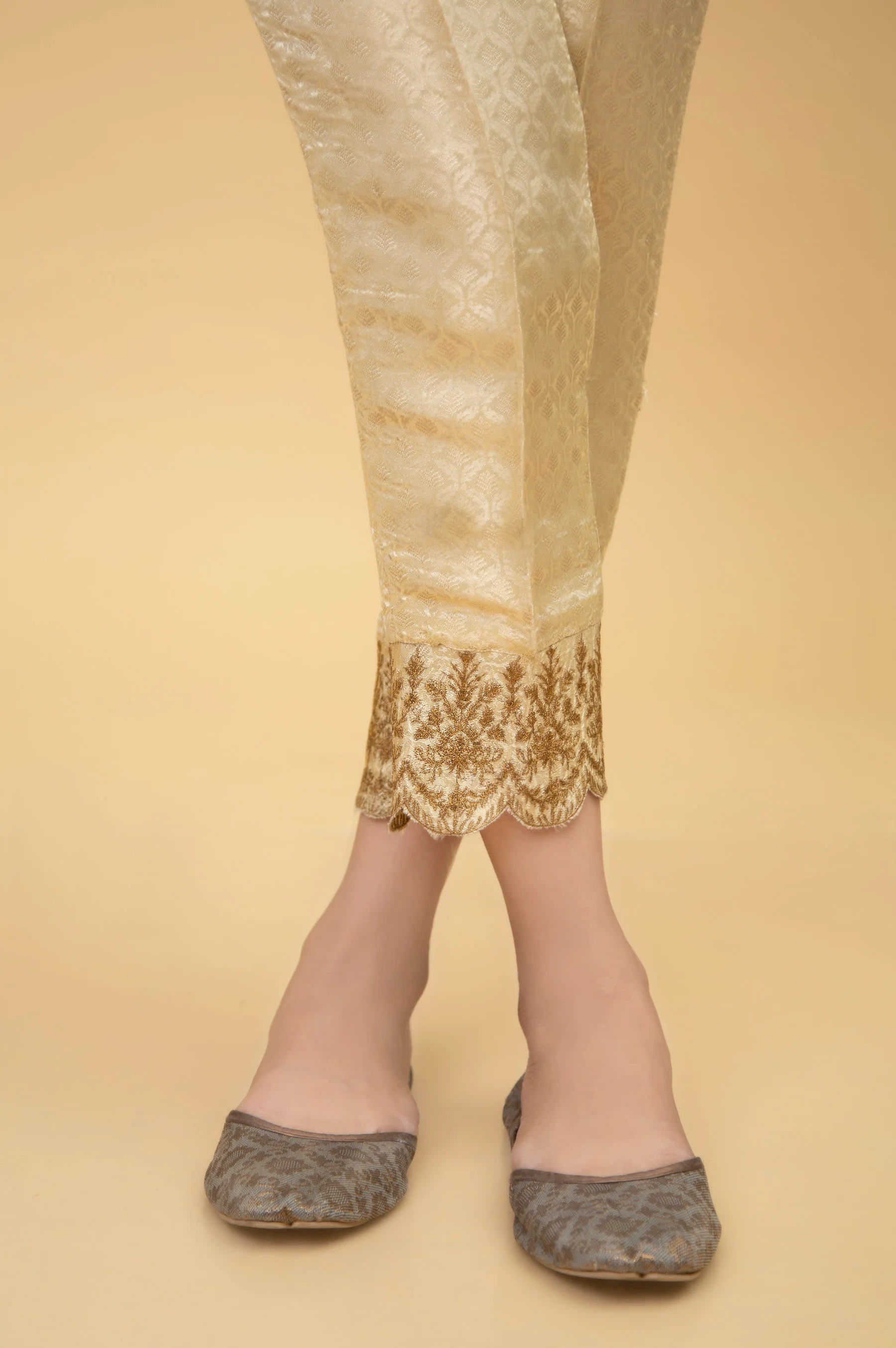 Embroidered Jamawar Cigarette Pants - Gold - Image 2