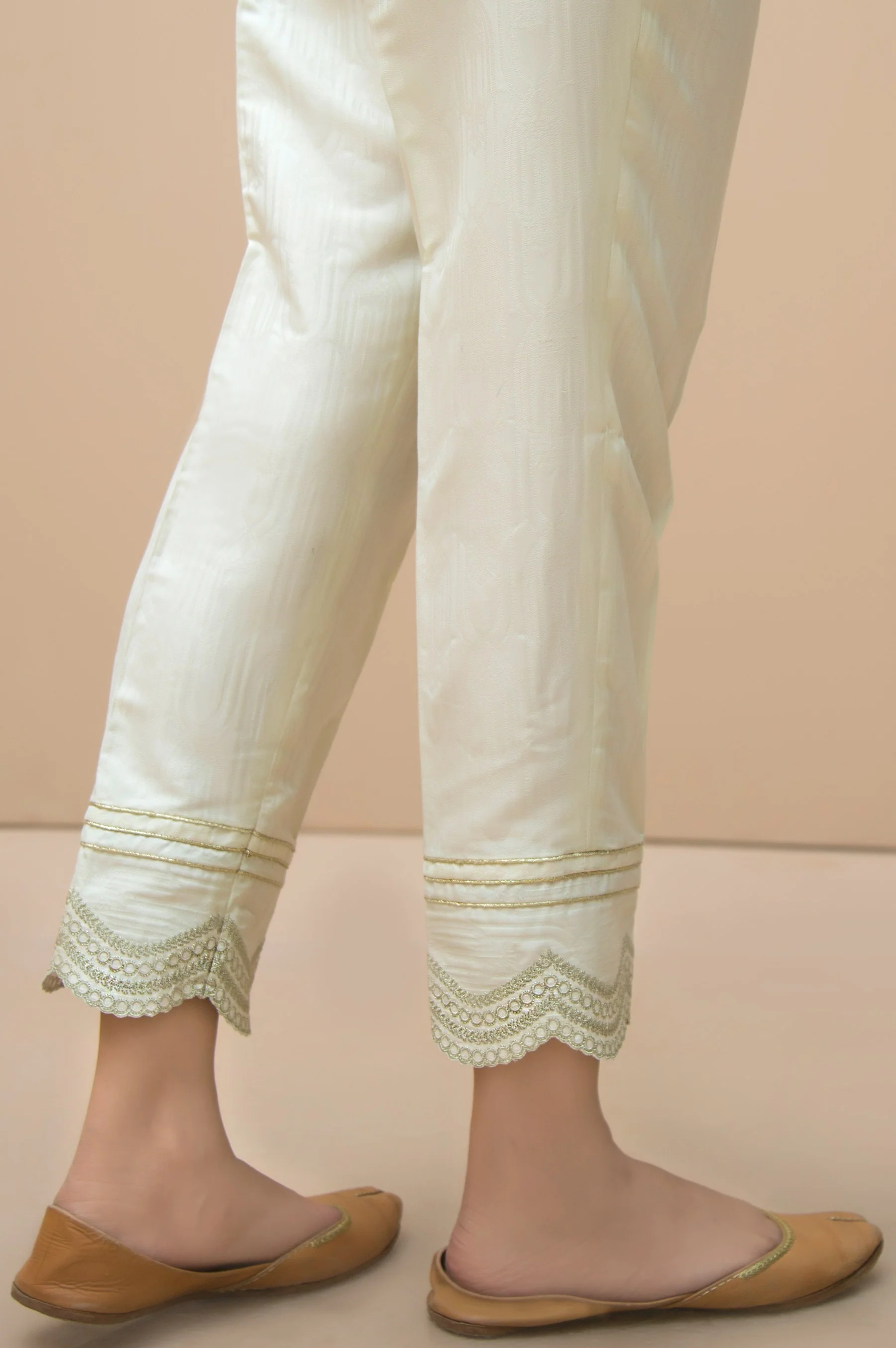 Embroidered Jamawar Pants - Off White - Image 2