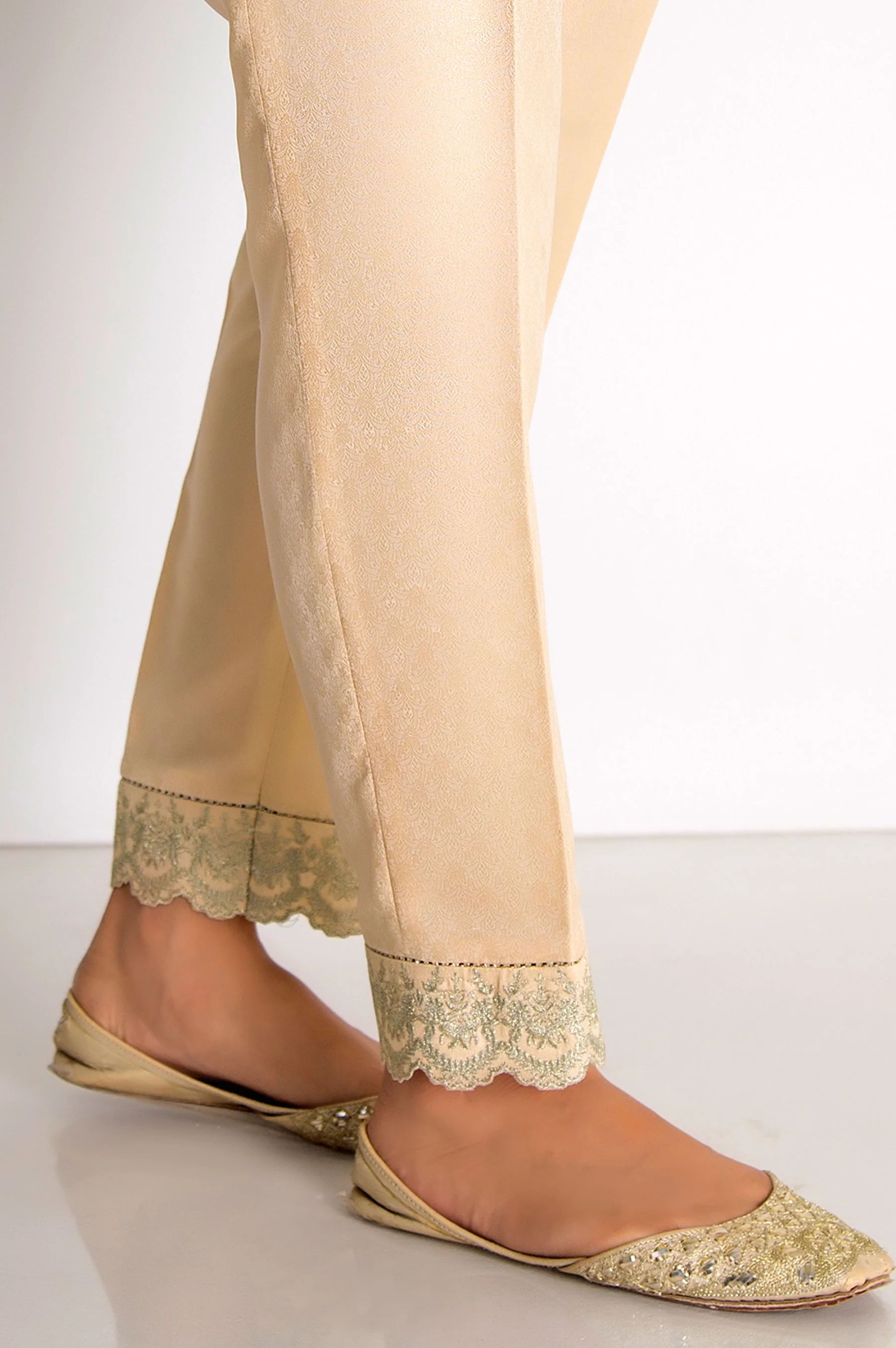Embroidered Jamawar Pants - Beige - Image 3