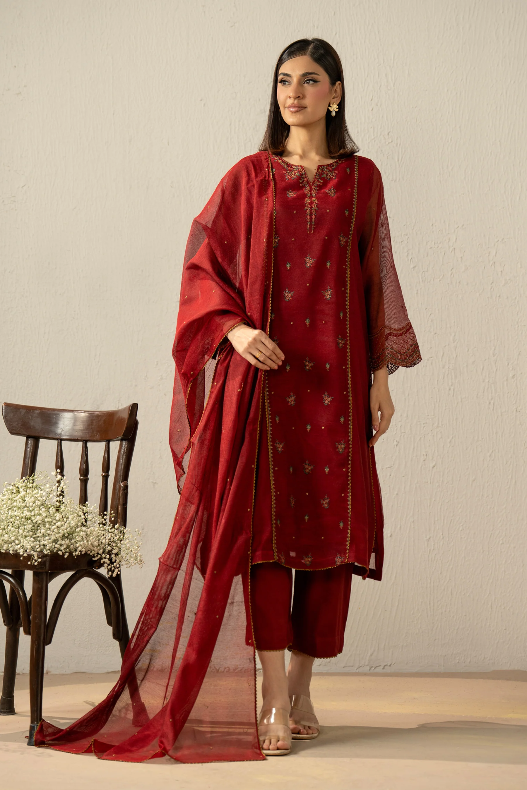 EMBROIDERED KHAADI NET STITCHED 3 PIECE SUIT (FACTORY E-OUTLET)