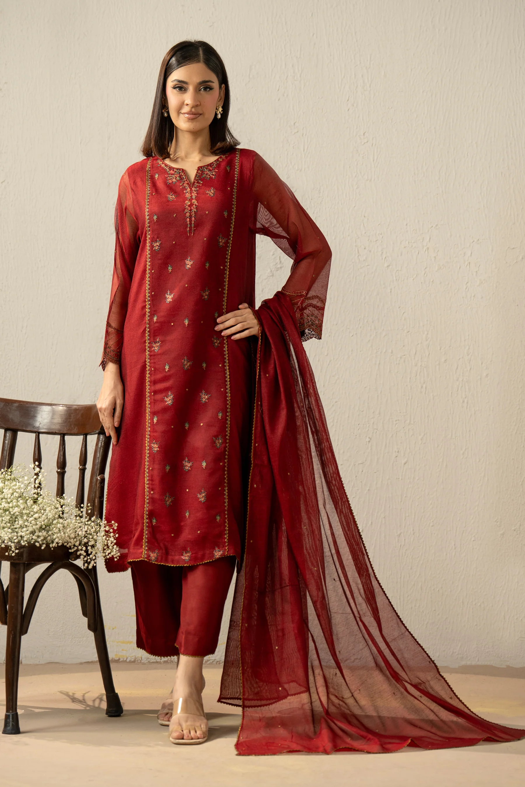 EMBROIDERED KHAADI NET STITCHED 3 PIECE SUIT (FACTORY E-OUTLET) - Image 5
