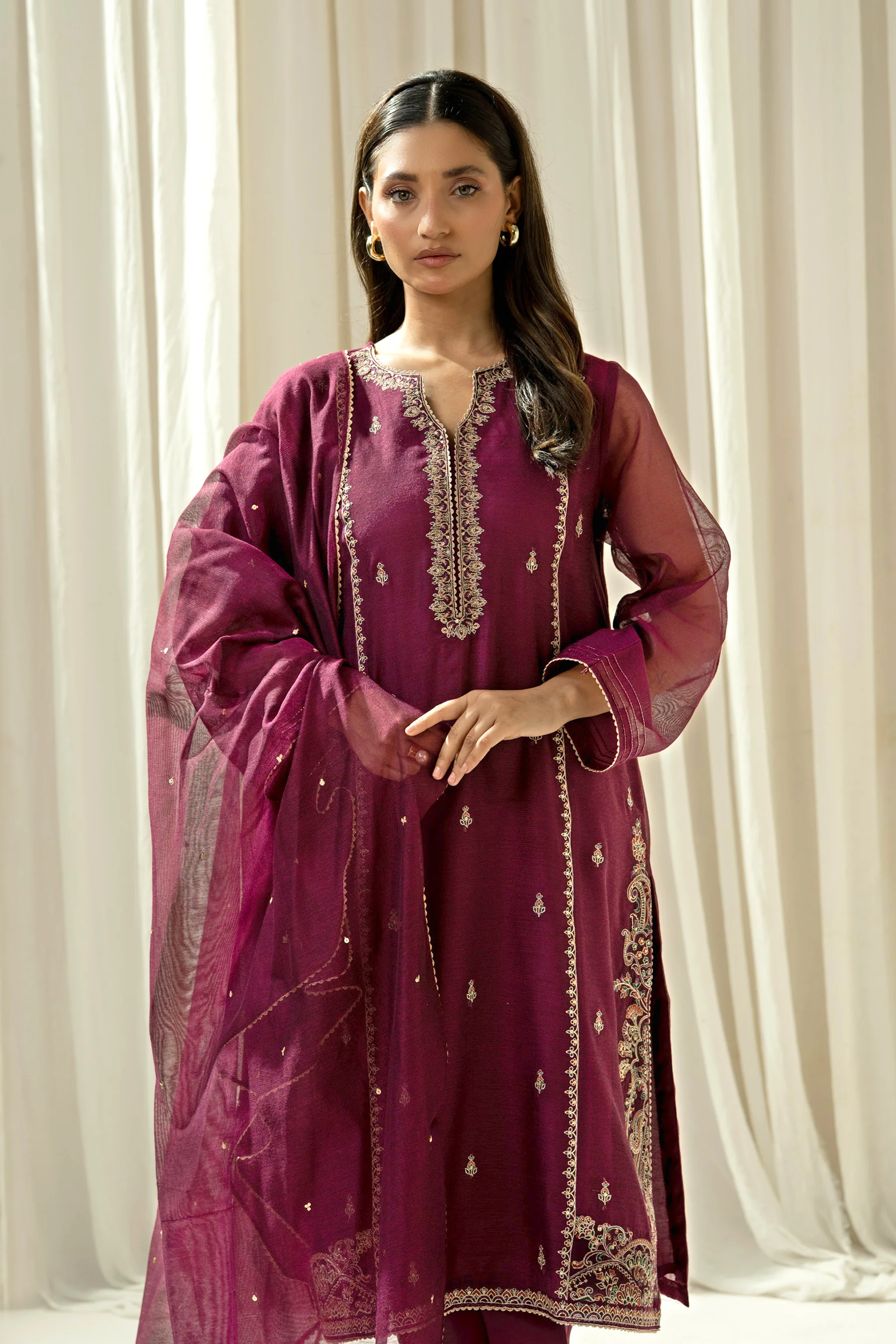 EMBROIDERED KHADDI NET STITCHED 3 PIECE SUIT - Image 3