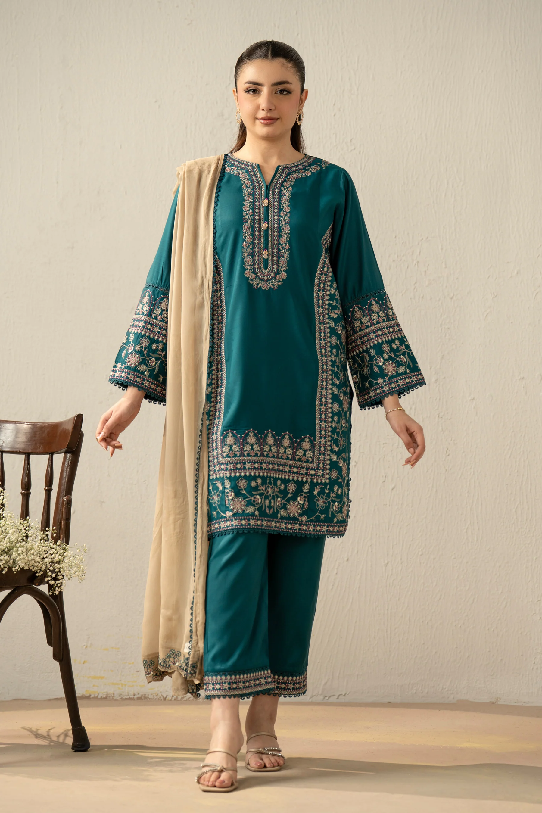 EMBROIDERED RAW SILK STITCHED 3 PIECE SUIT
