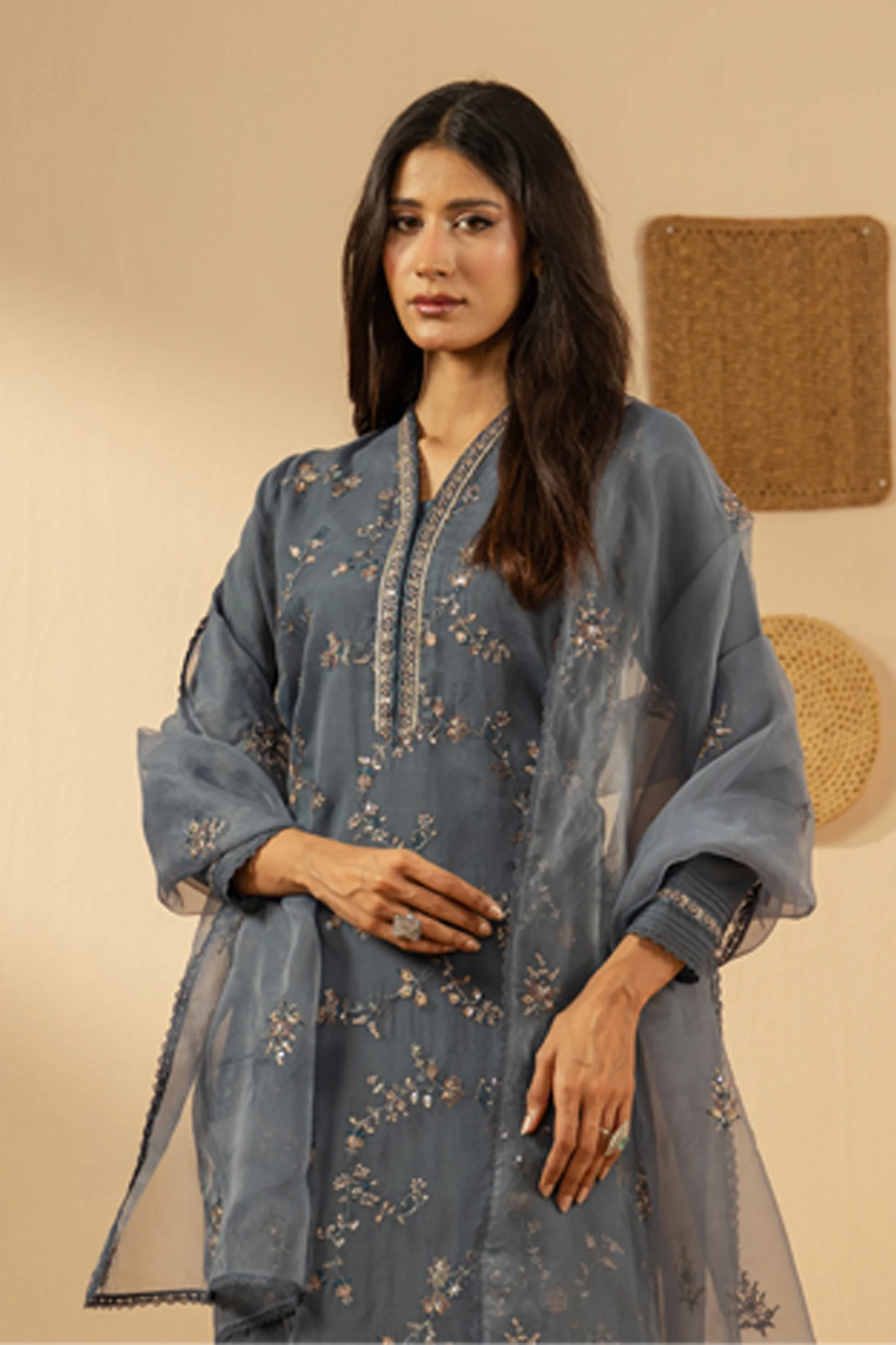EMBROIDERED ORGANZA STITCHED 3 PIECE SUIT - Image 4