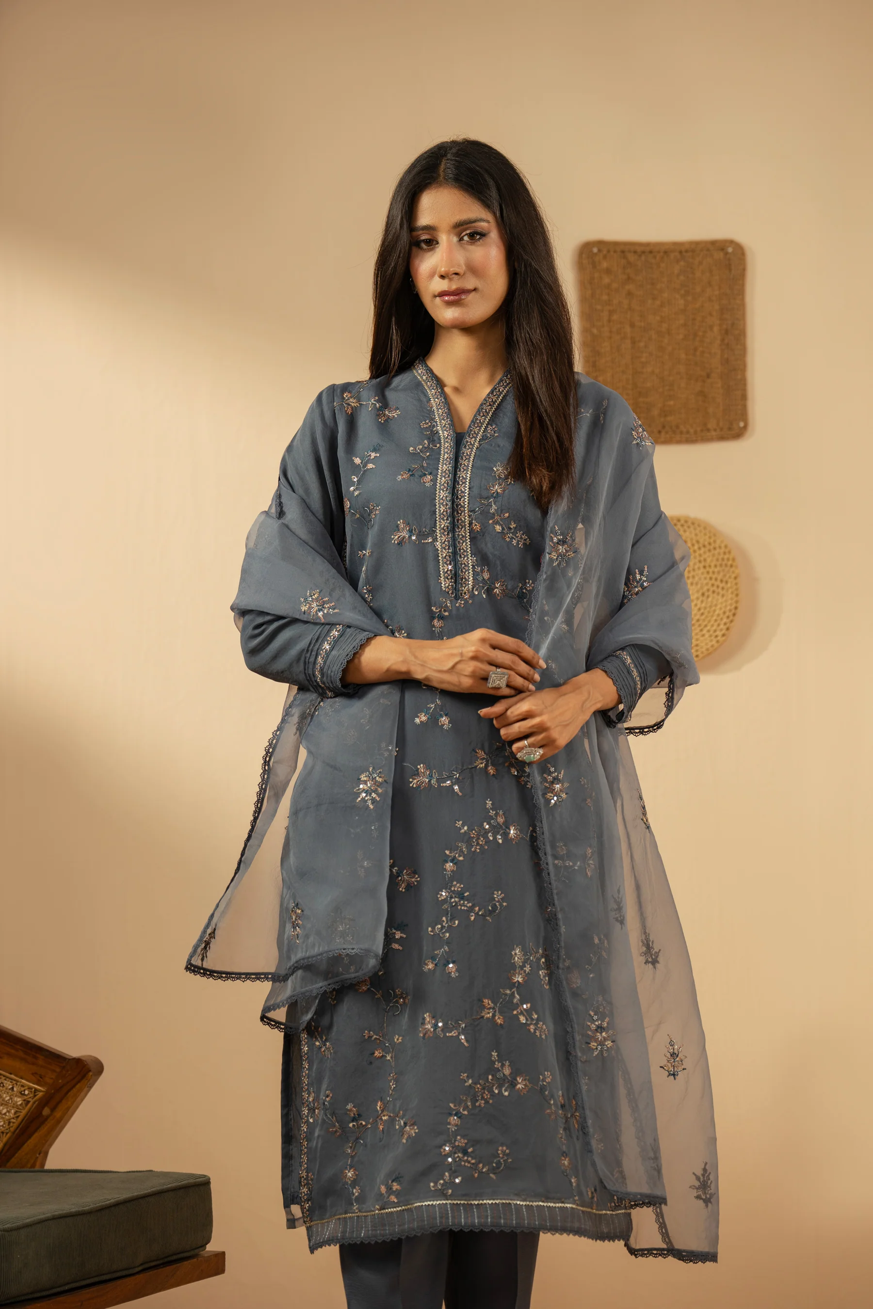 EMBROIDERED ORGANZA STITCHED 3 PIECE SUIT - Image 5