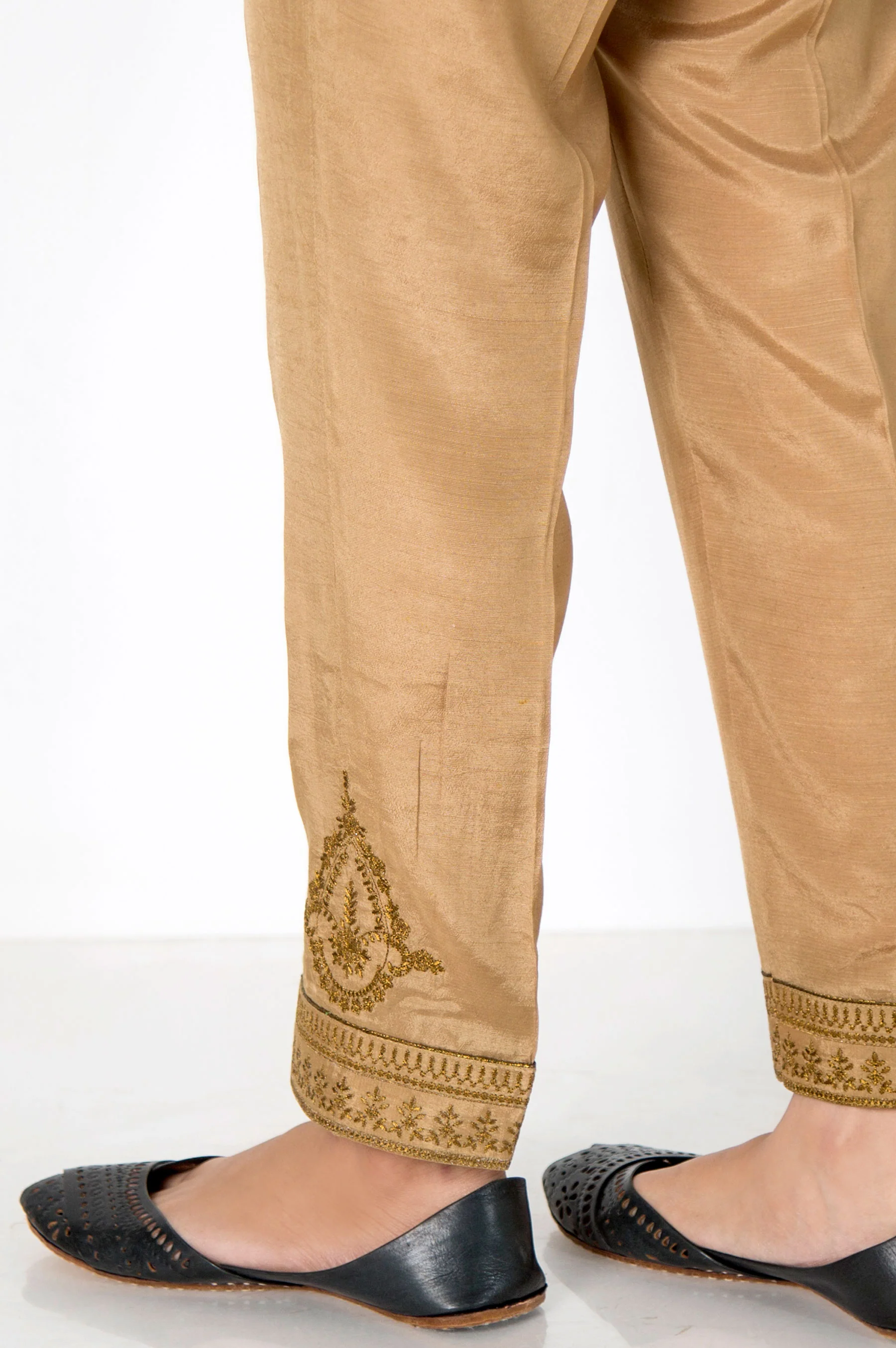 Embroidered Raw Silk Pants  - Copper - Image 3