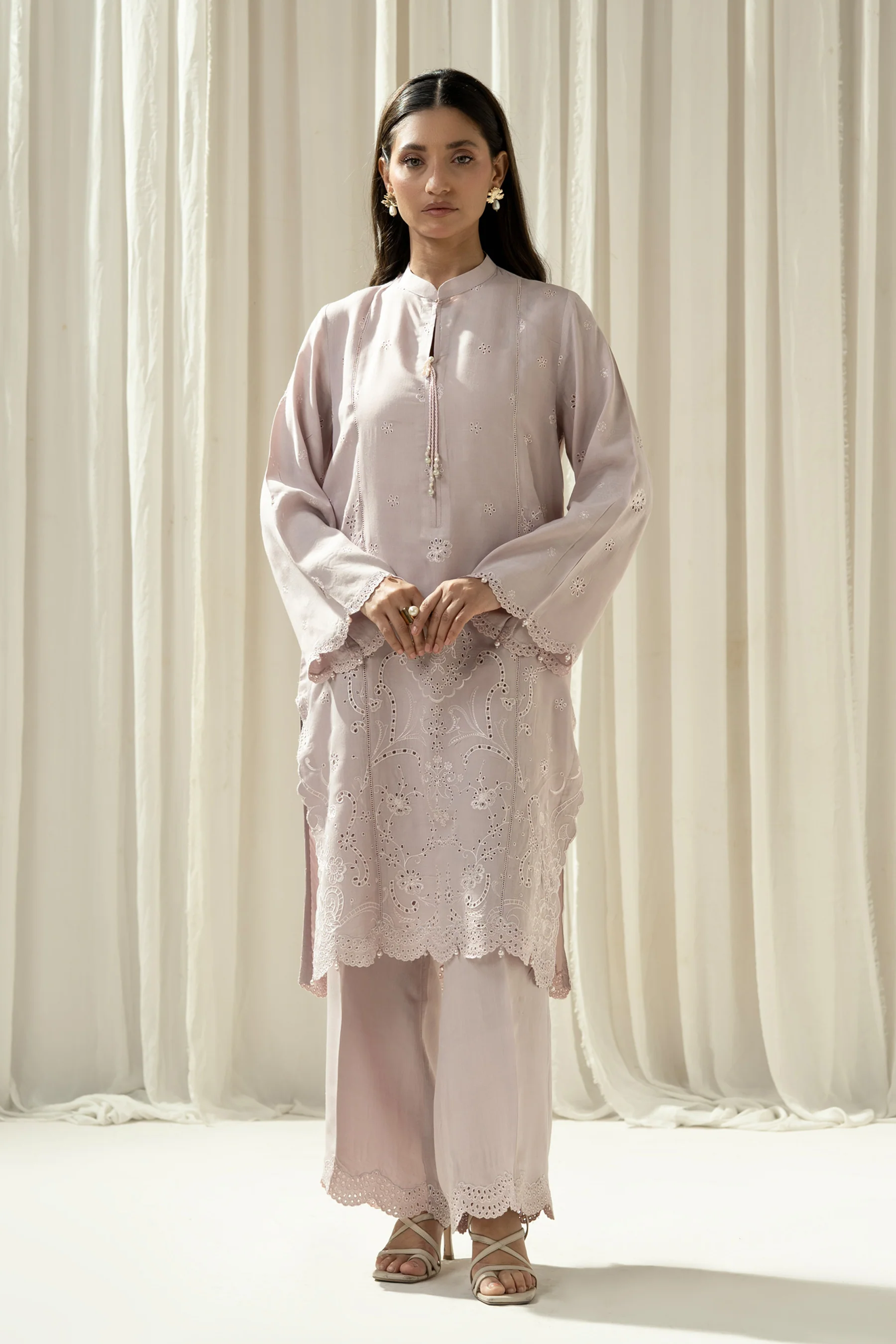 EMBROIDERED RAW SILK STITCHED 2 PIECE SUIT (FACTORY E-OUTLET) - Image 5