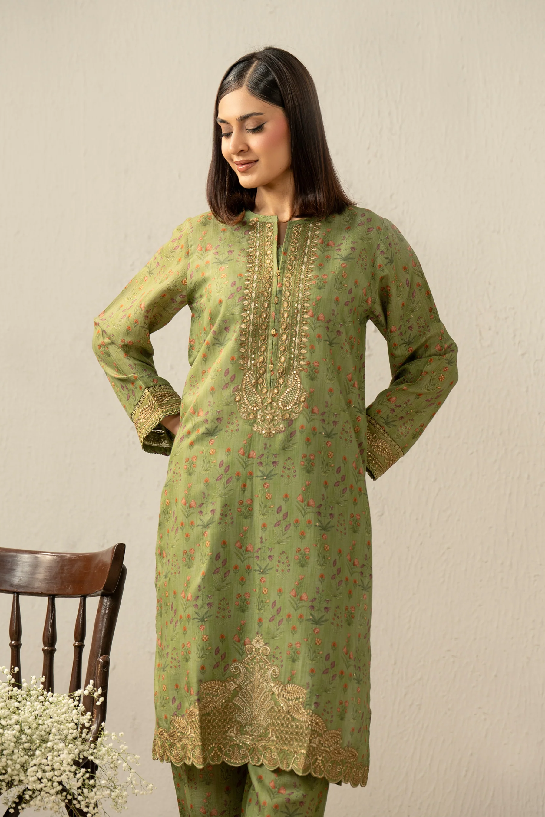 PRINTED EMBROIDERED RAW SILK STITCHED 2 PIECE SUIT - Image 4