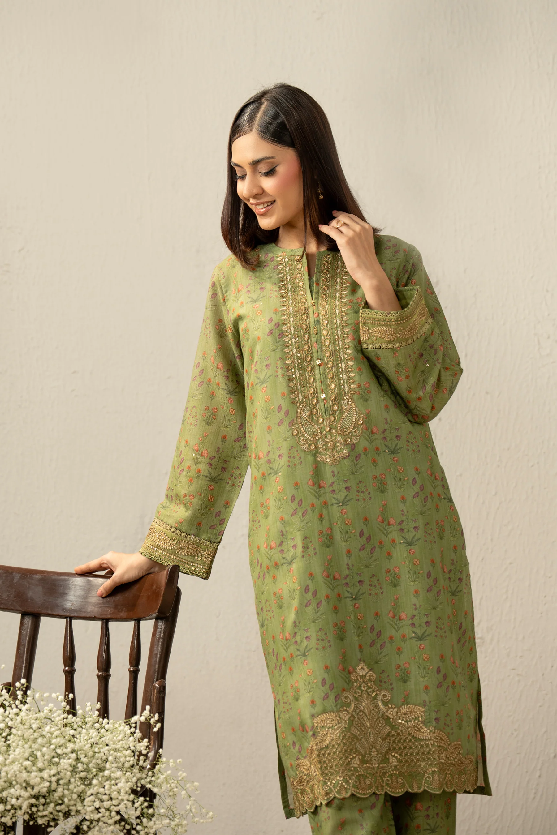 PRINTED EMBROIDERED RAW SILK STITCHED 2 PIECE SUIT - Image 5