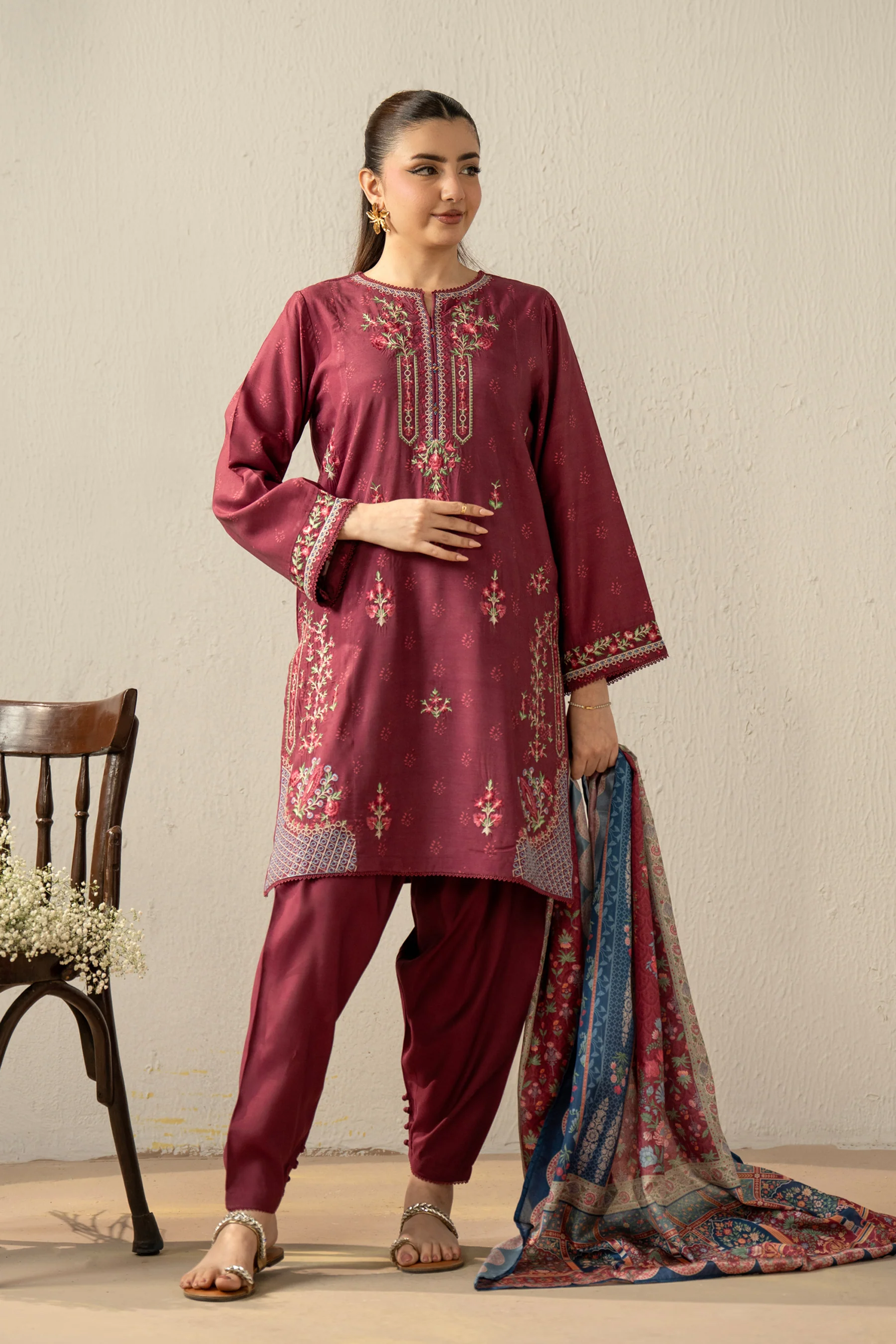EMBROIDERED RAW SILK STITCHED 3 PIECE SUIT - Image 6