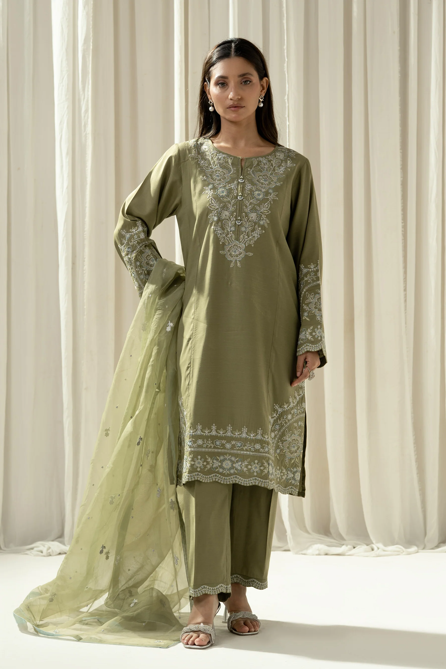 EMBROIDERED RAW SILK STITCHED 3 PIECE SUIT