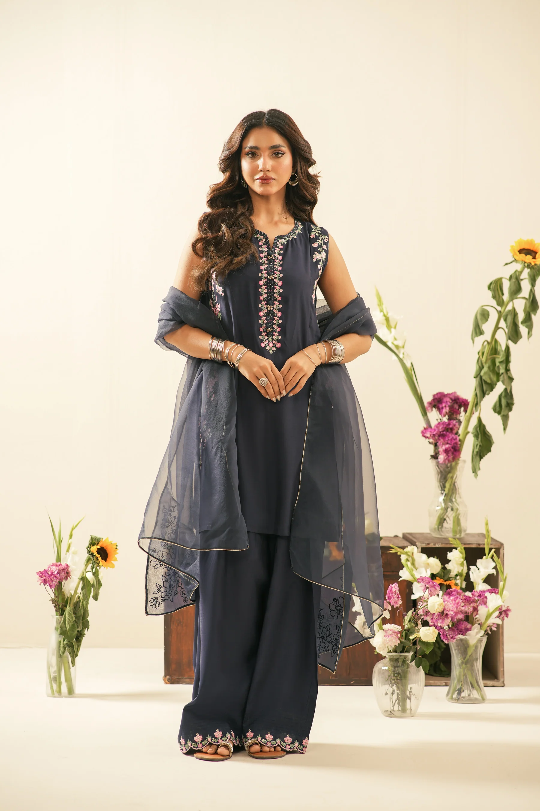 EMBROIDERED RAW SILK STITCHED 3 PIECE SUIT