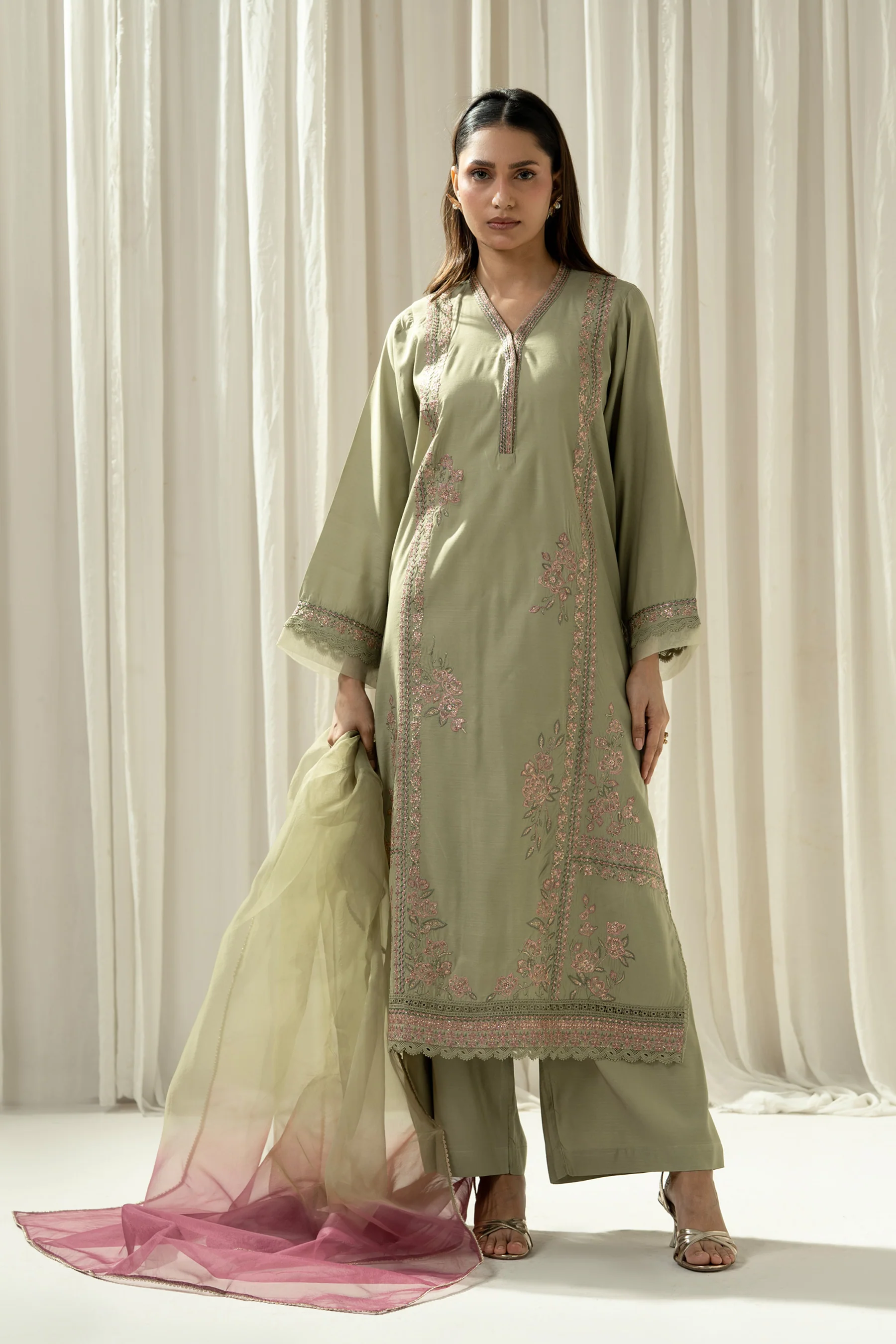 EMBROIDERED RAW SILK STITCHED 3 PIECE SUIT - Image 6