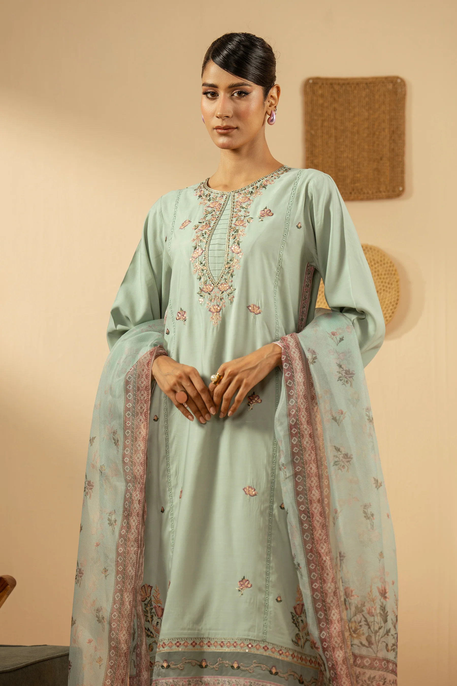 EMBROIDERED RAW SILK STITCHED 3 PIECE SUIT - Image 5