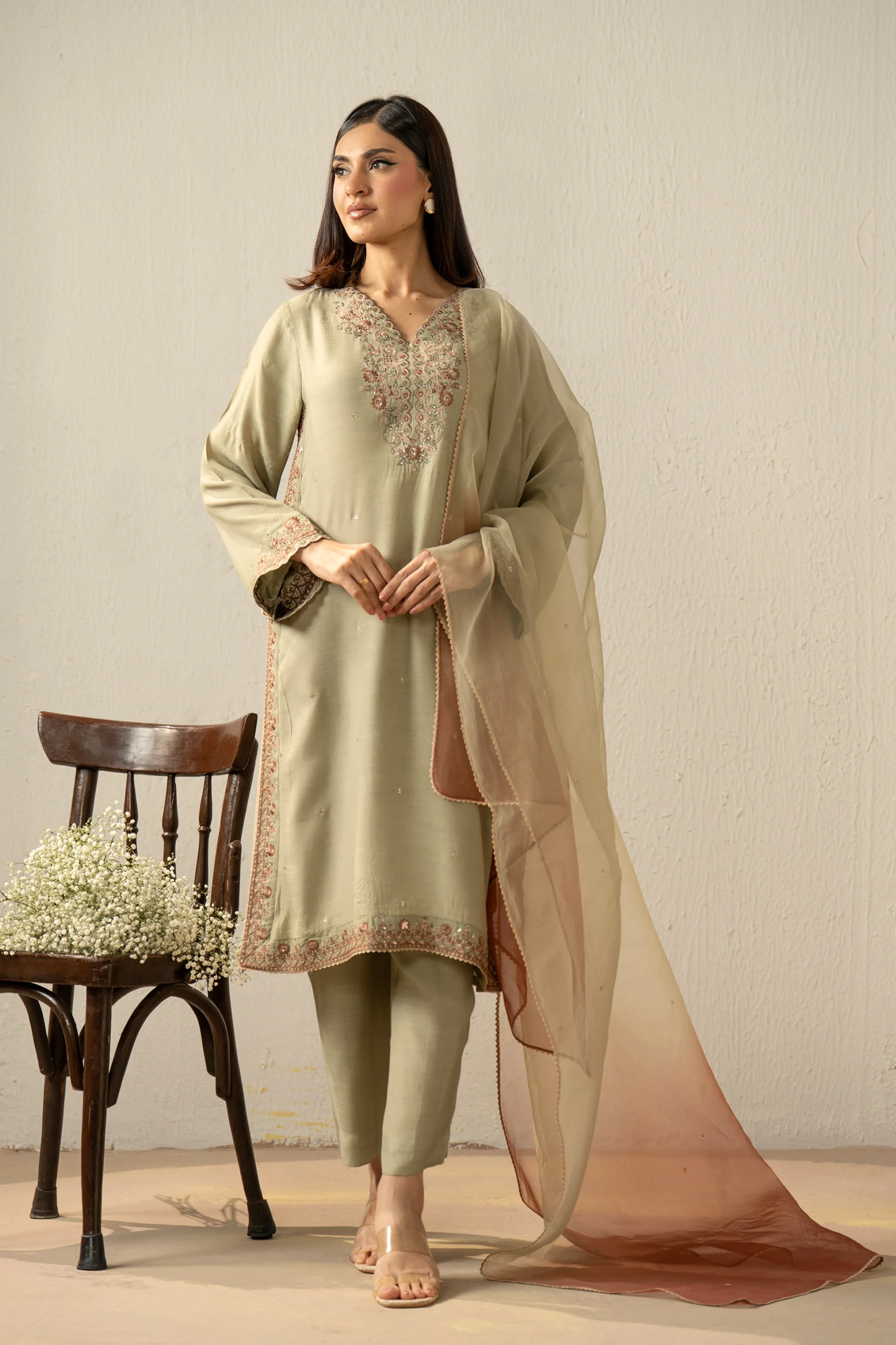 EMBROIDERED RAW SILK STITCHED 3 PIECE SUIT - Image 4