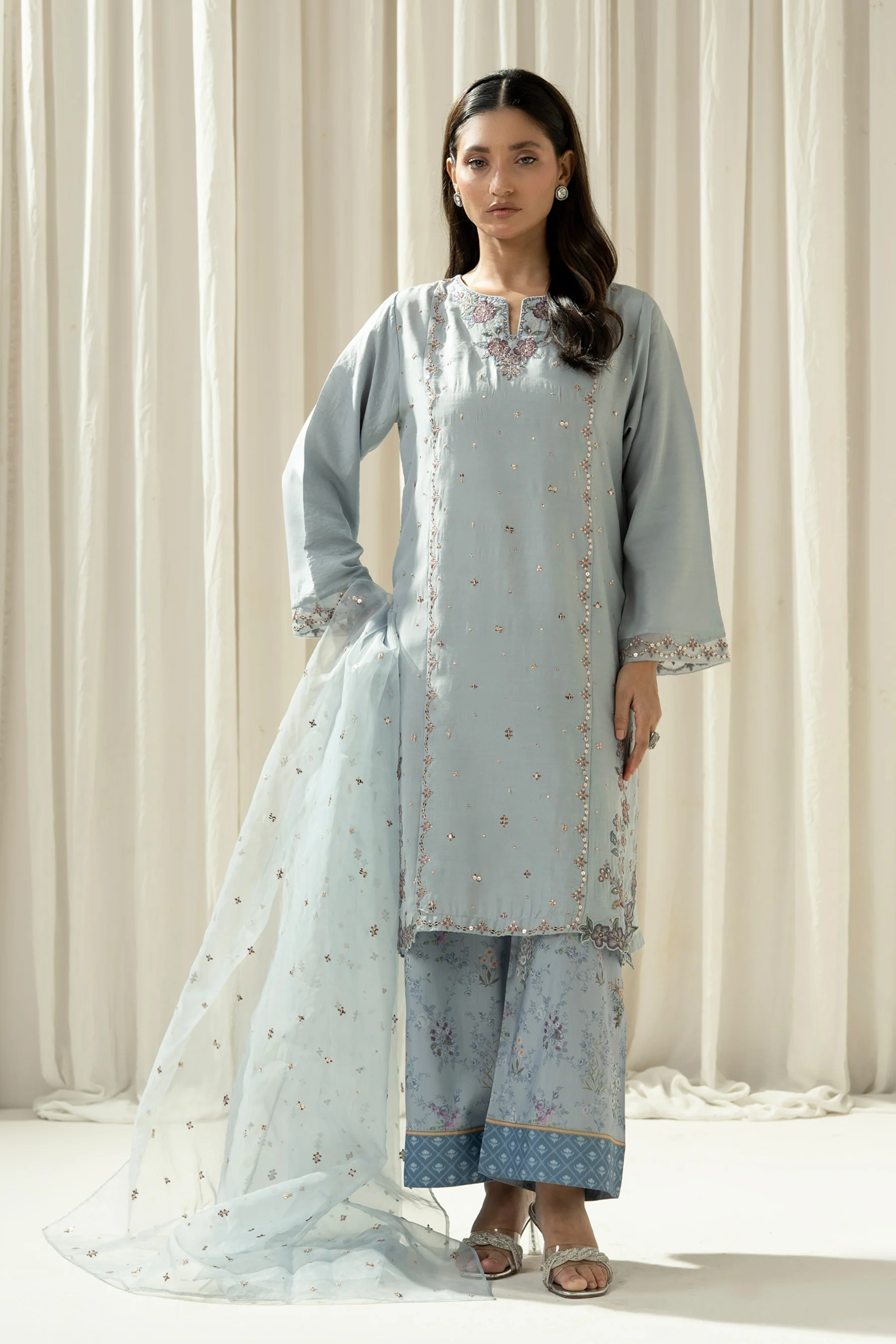 EMBROIDERED RAW SILK STITCHED 3 PIECE SUIT - Image 5