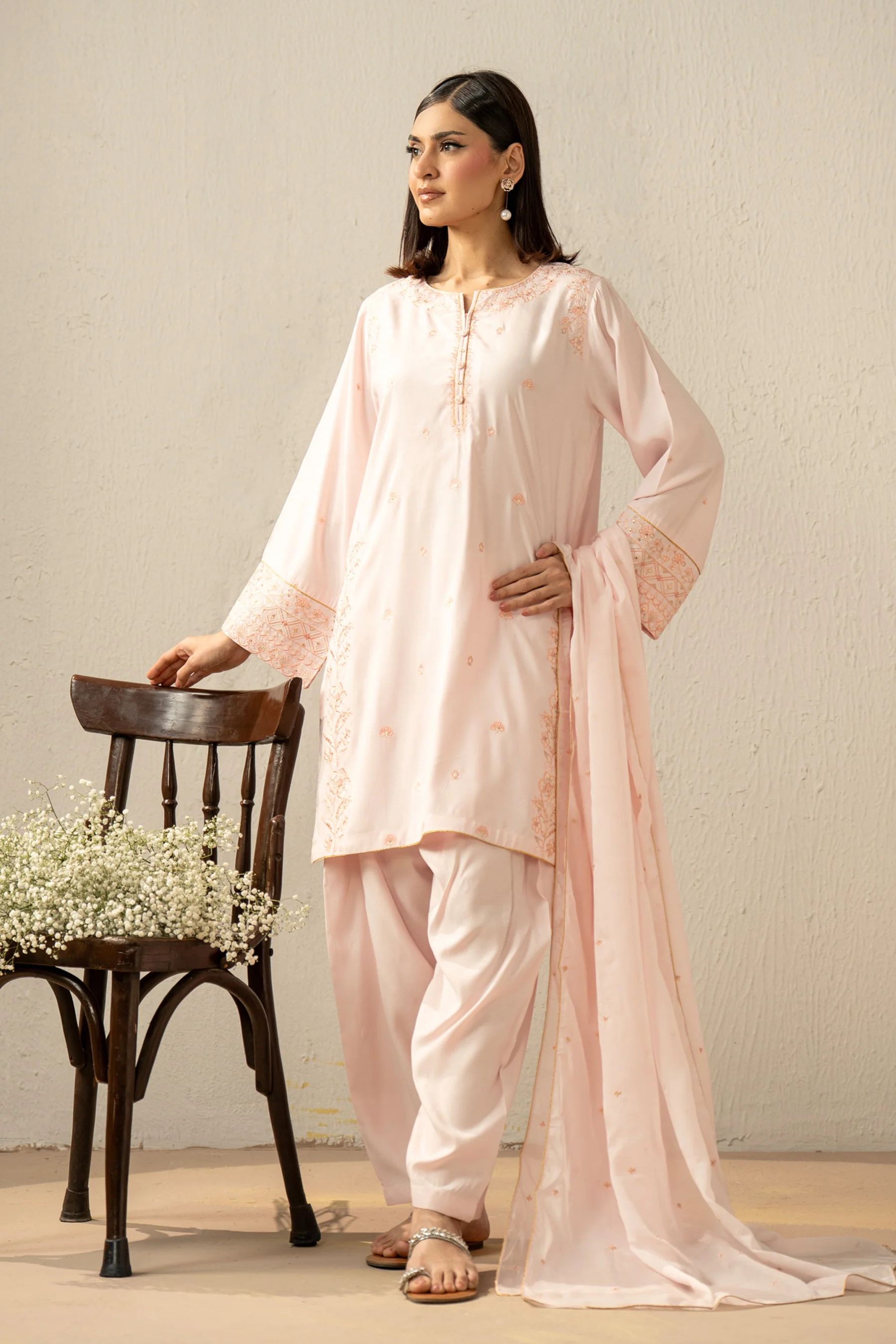 EMBROIDERED RAW SILK STITCHED 3 PIECE SUIT - Image 5