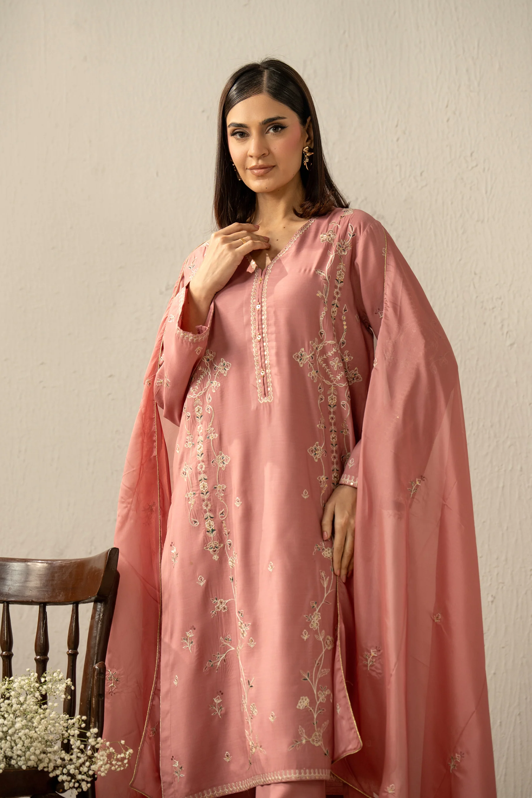 EMBROIDERED RAW SILK STITCHED 3 PIECE SUIT - Image 5