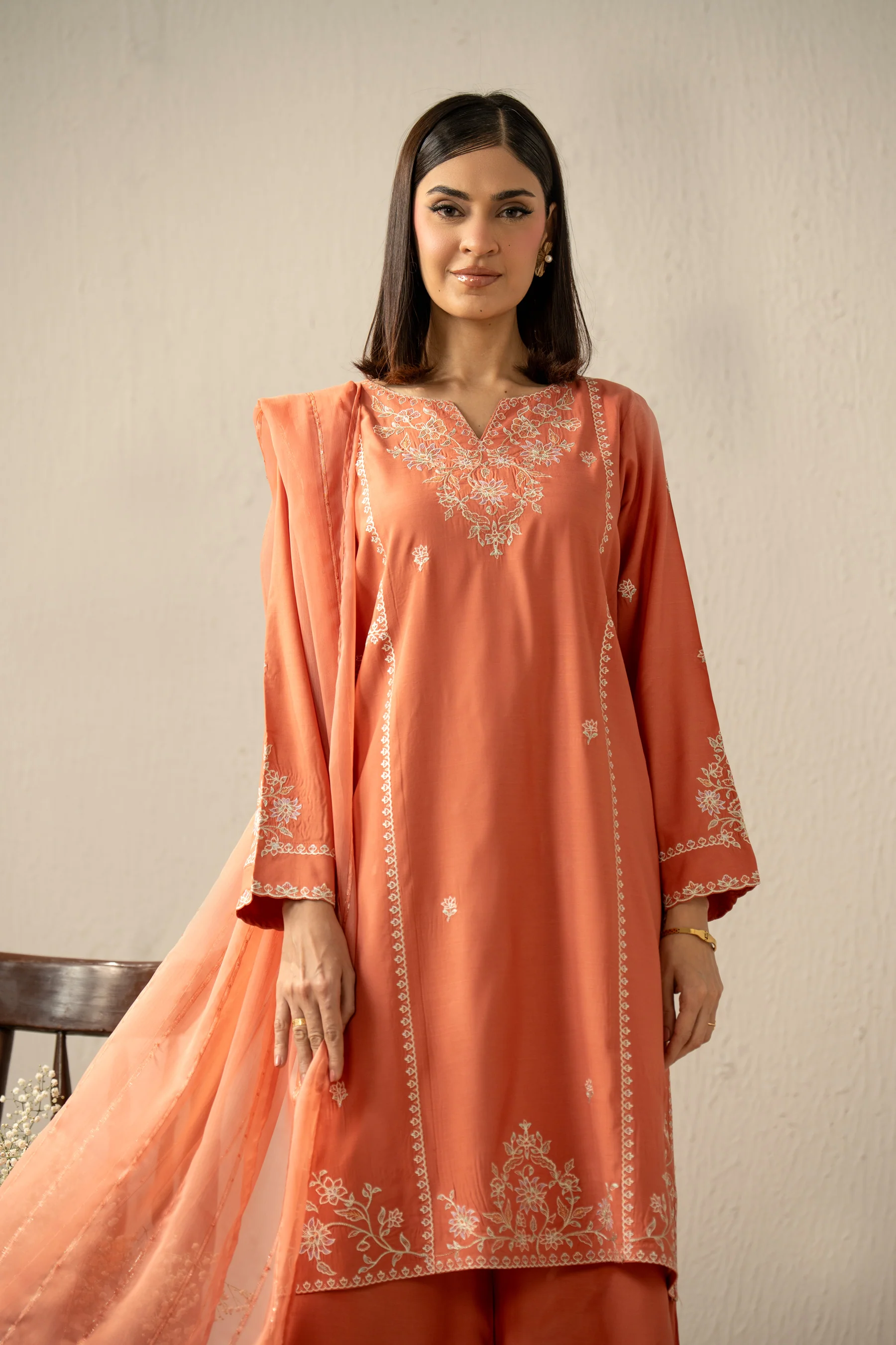 EMBROIDERED RAW SILK STITCHED 3 PIECE SUIT - Image 6