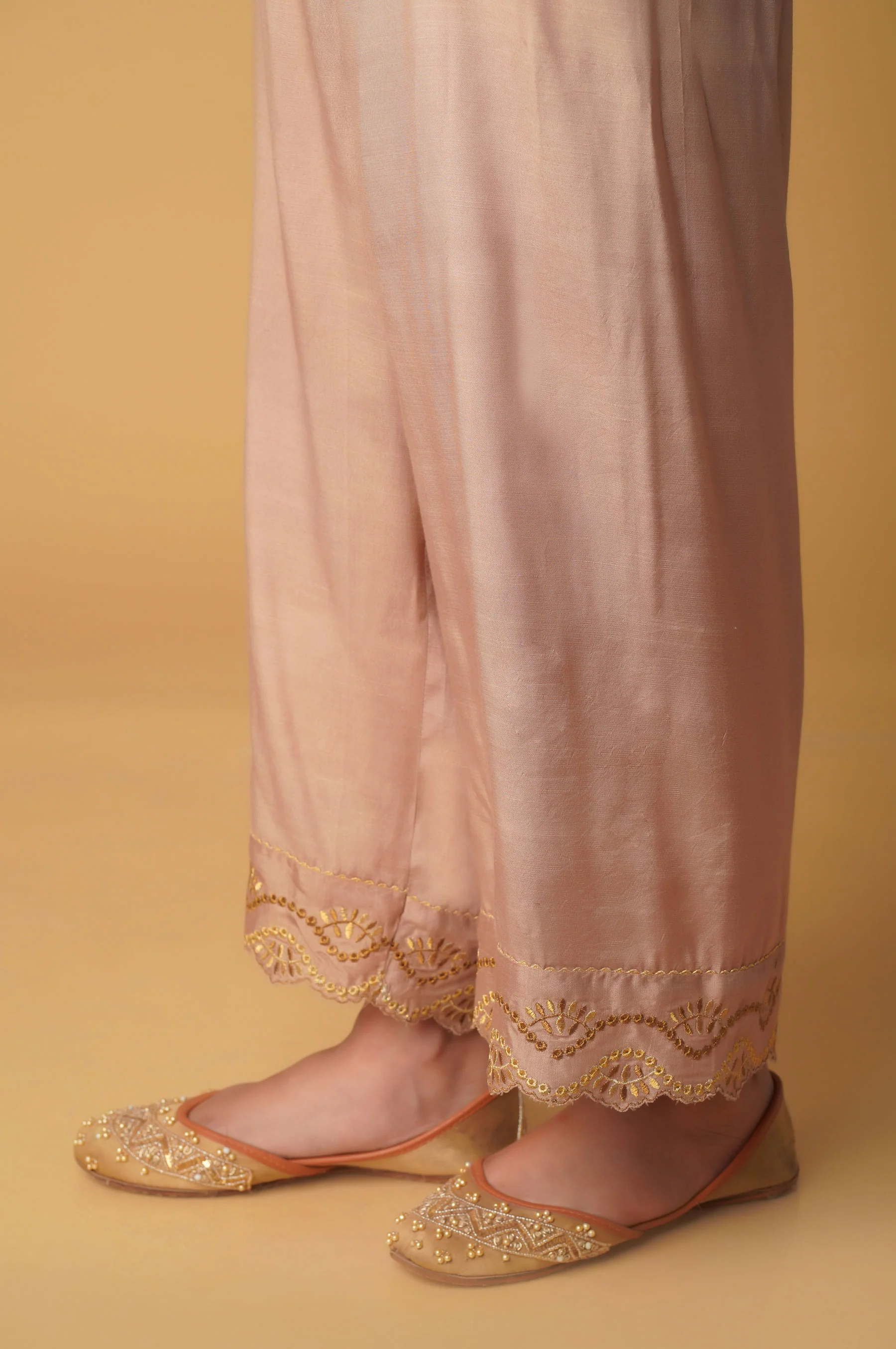 Embroidered Rawsilk Cigarette Pants - Gold - Image 3