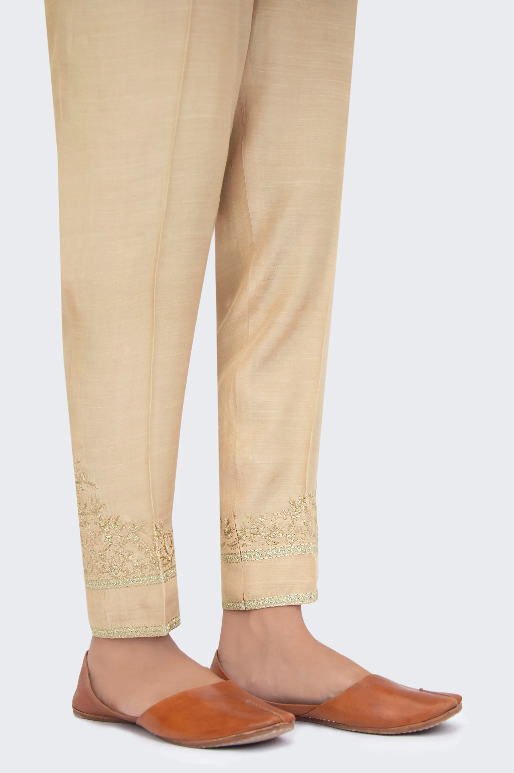 Embroidered Raw Silk Cigarette Pants - Parmezan Gold - Image 3