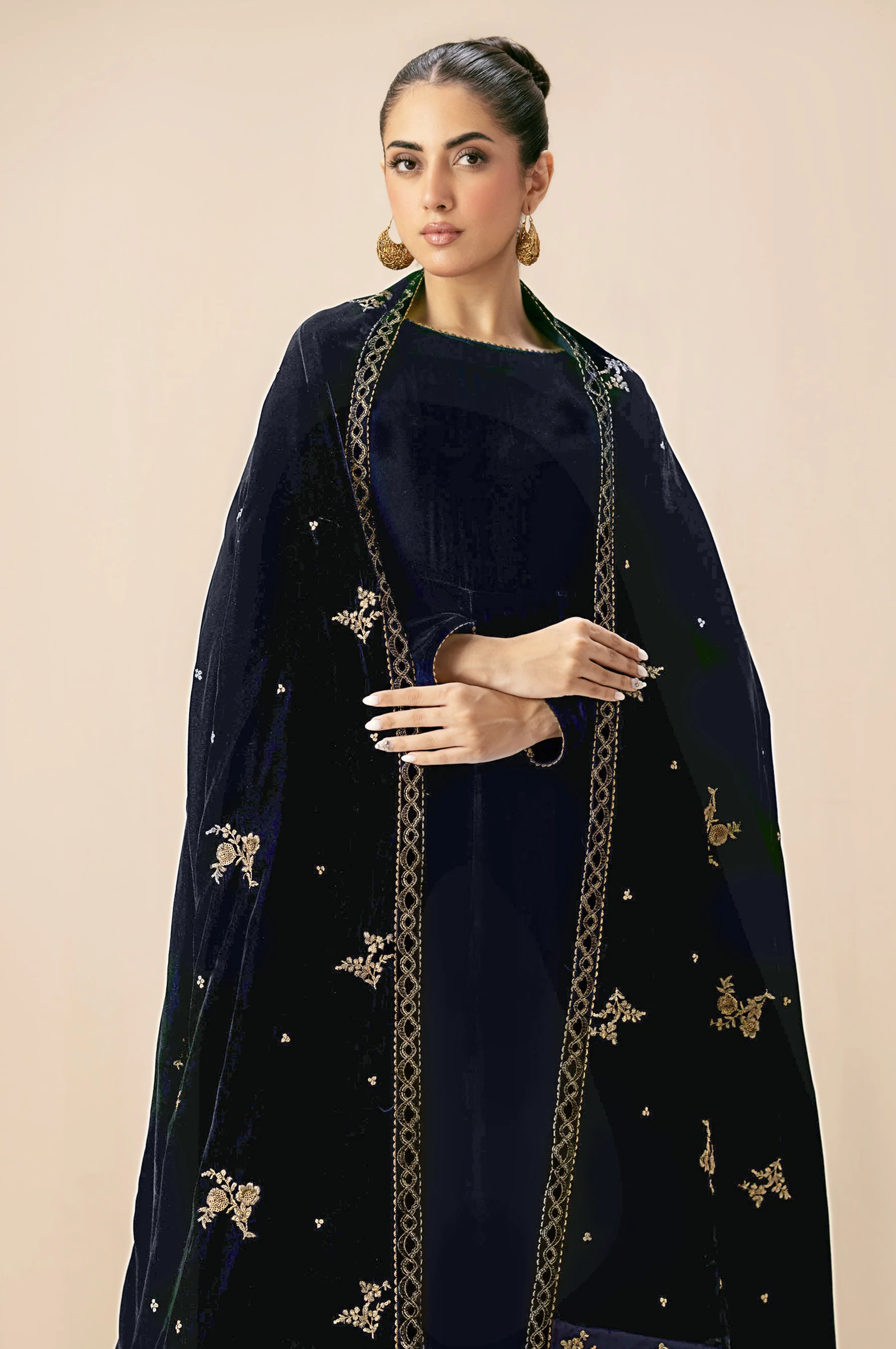Embroidered Velvet Shawl - Prussian Blue - Image 2