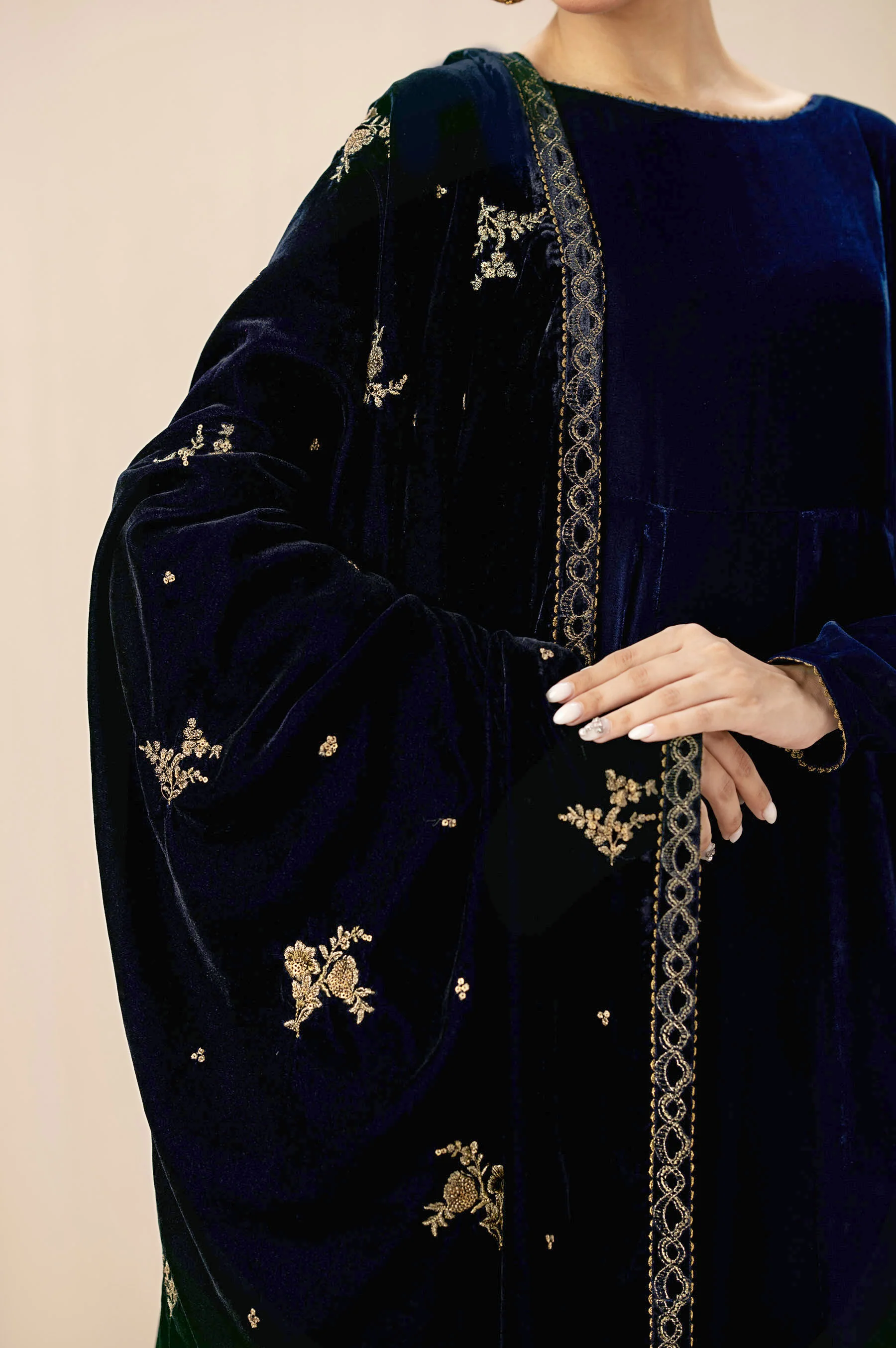 Embroidered Velvet Shawl - Prussian Blue - Image 3