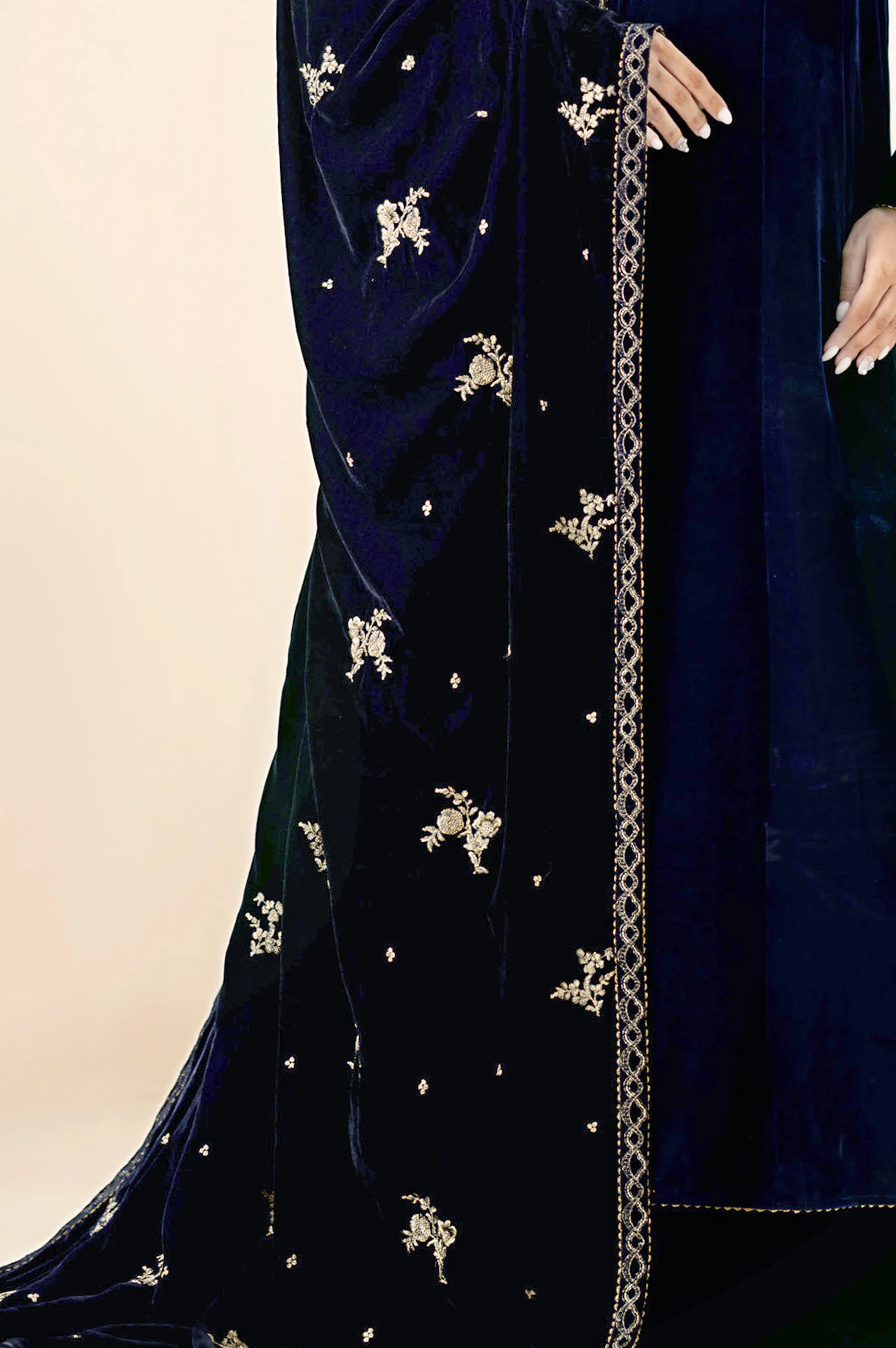 Embroidered Velvet Shawl - Prussian Blue - Image 4