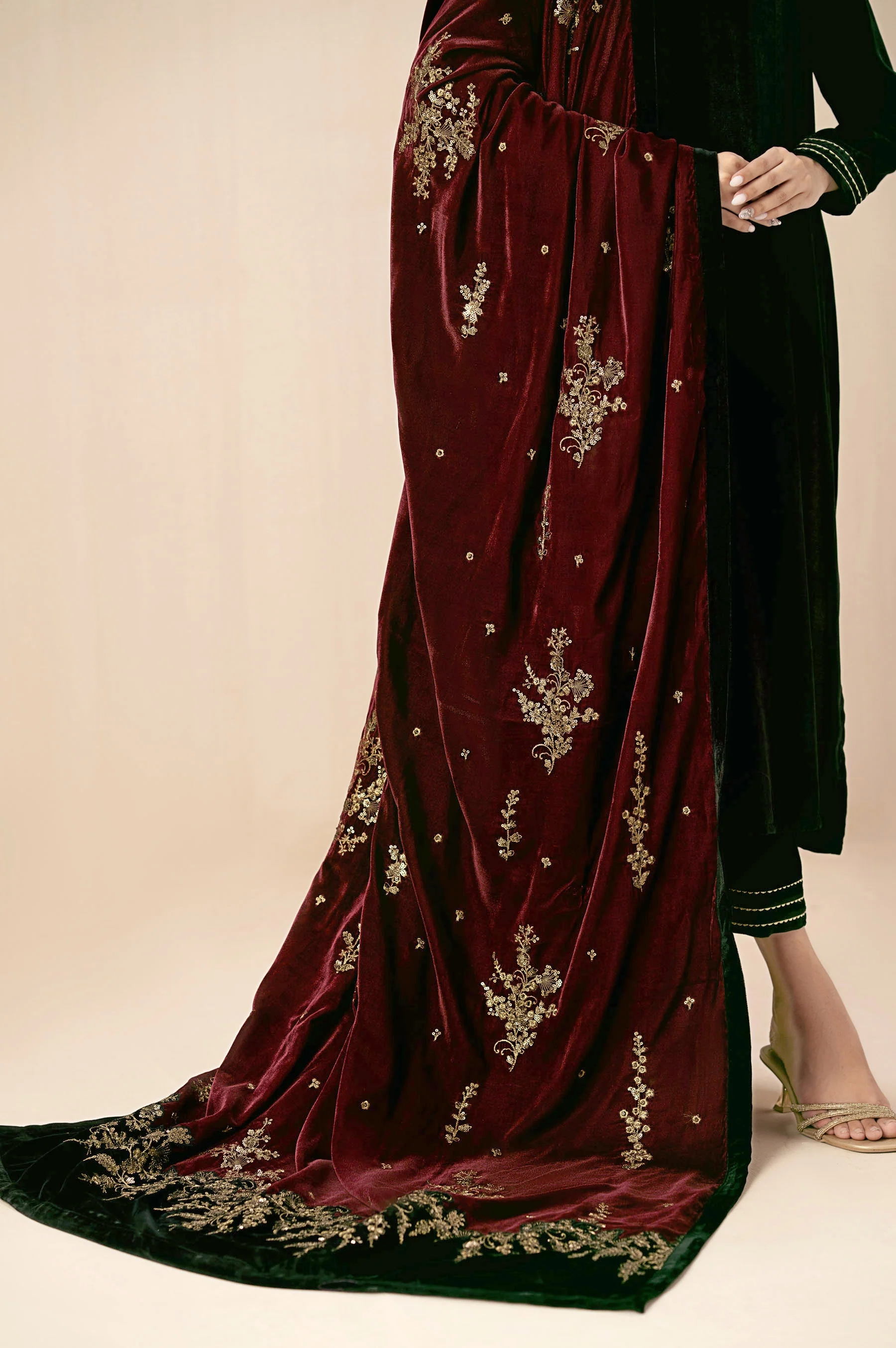 Embroidered Velvet Shawl -  Mahogany - Image 2