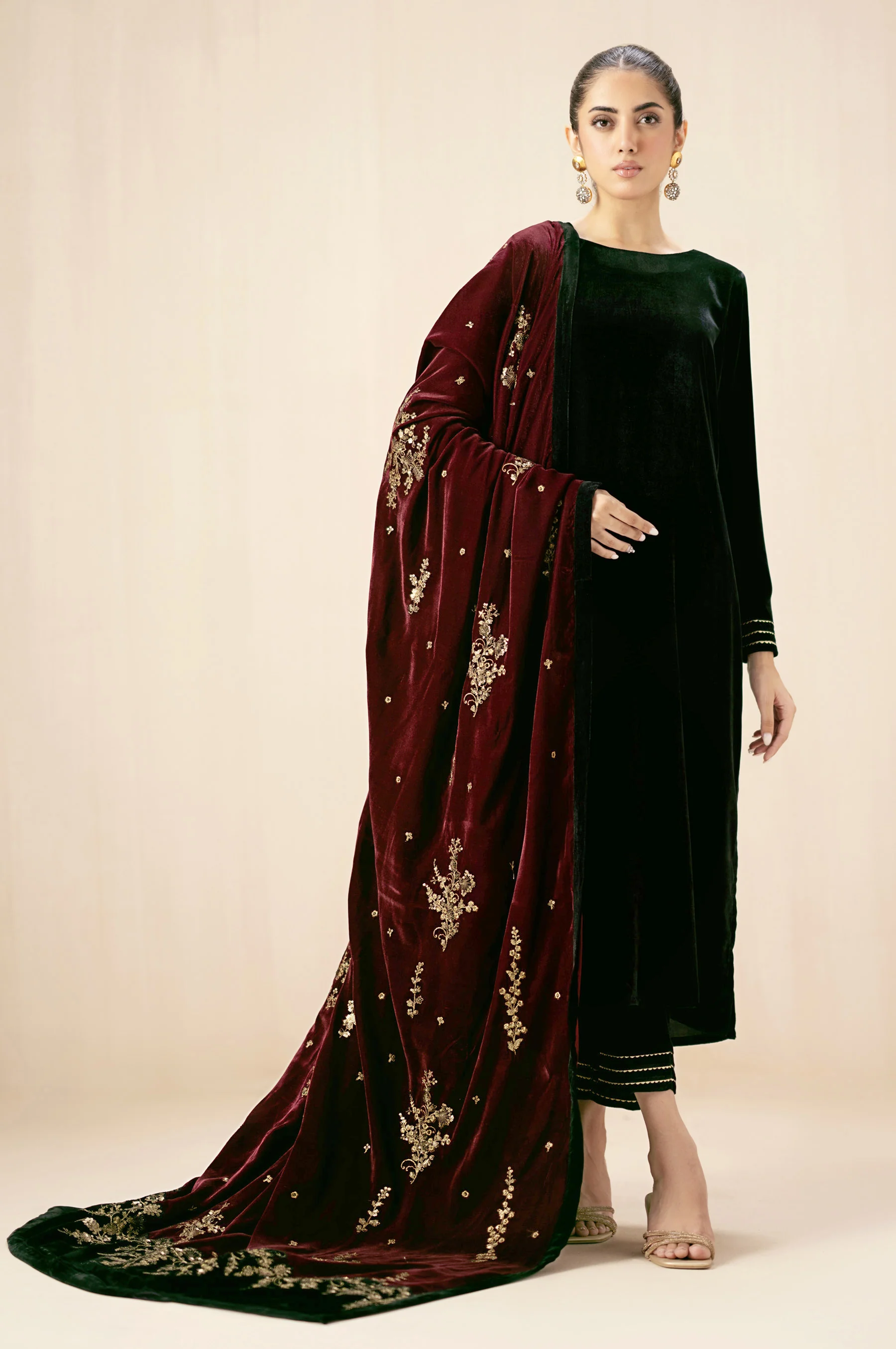 Embroidered Velvet Shawl -  Mahogany - Image 3
