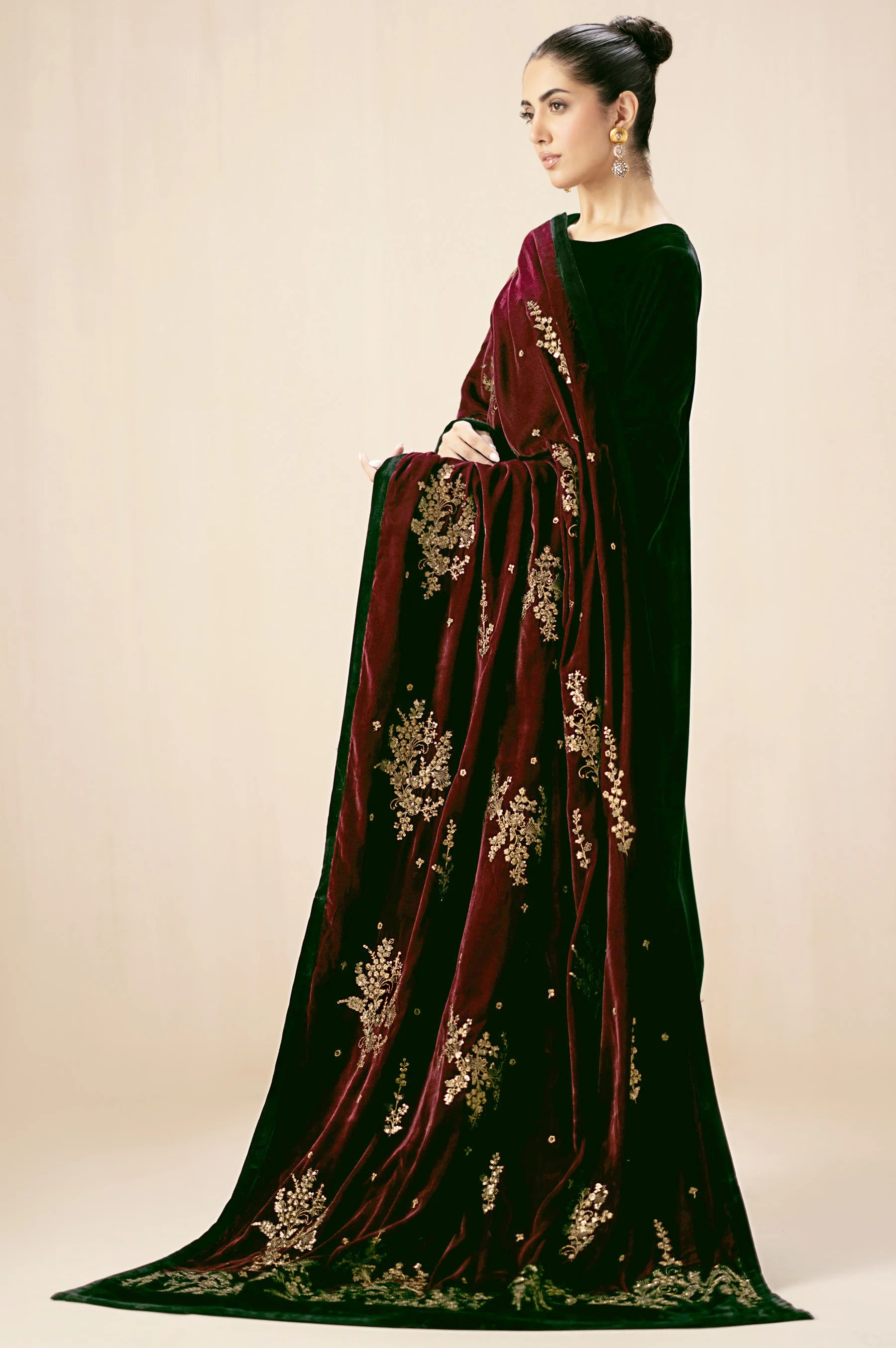 Embroidered Velvet Shawl -  Mahogany - Image 4
