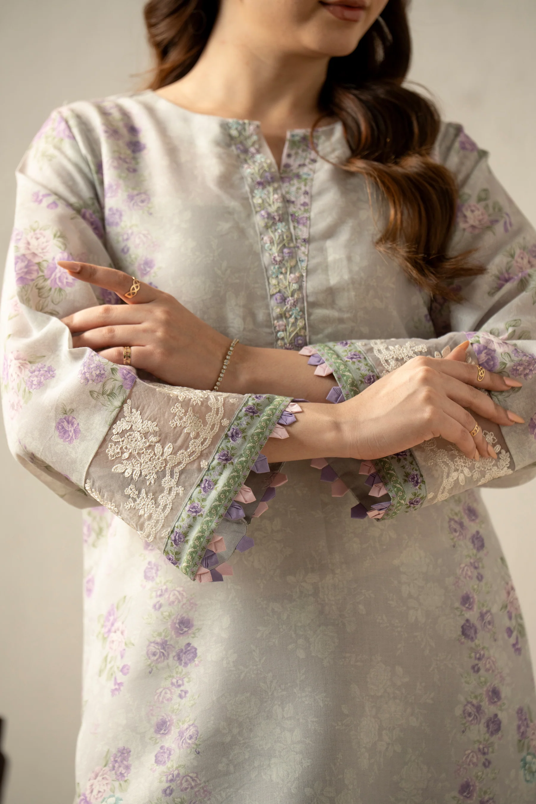 PRINTED EMBROIDERED CAMBRIC ZARI STITCHED SHIRT BOTTOM - Image 2