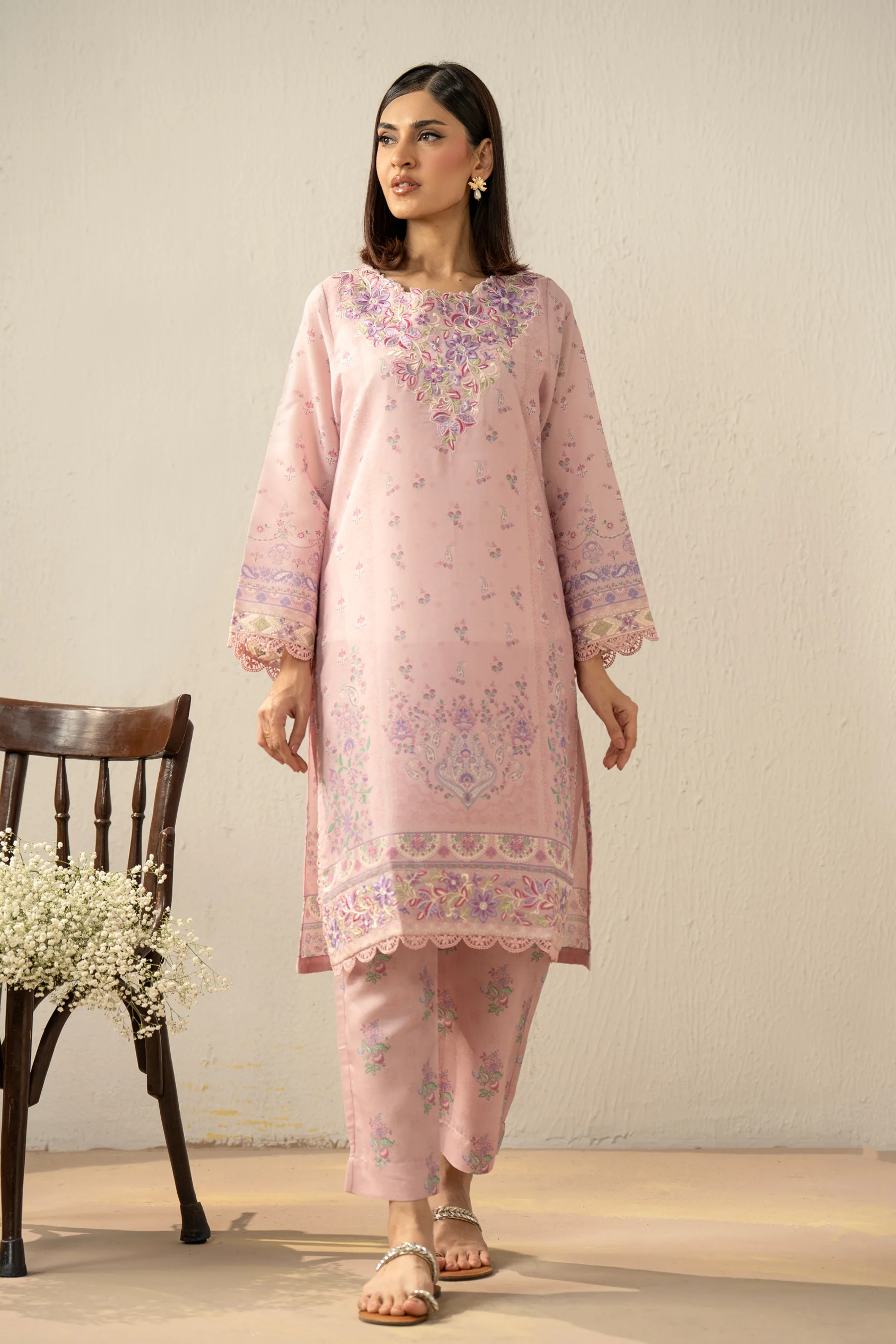 PRINTED EMBROIDERED CAMBRIC ZARI STITCHED SHIRT BOTTOM