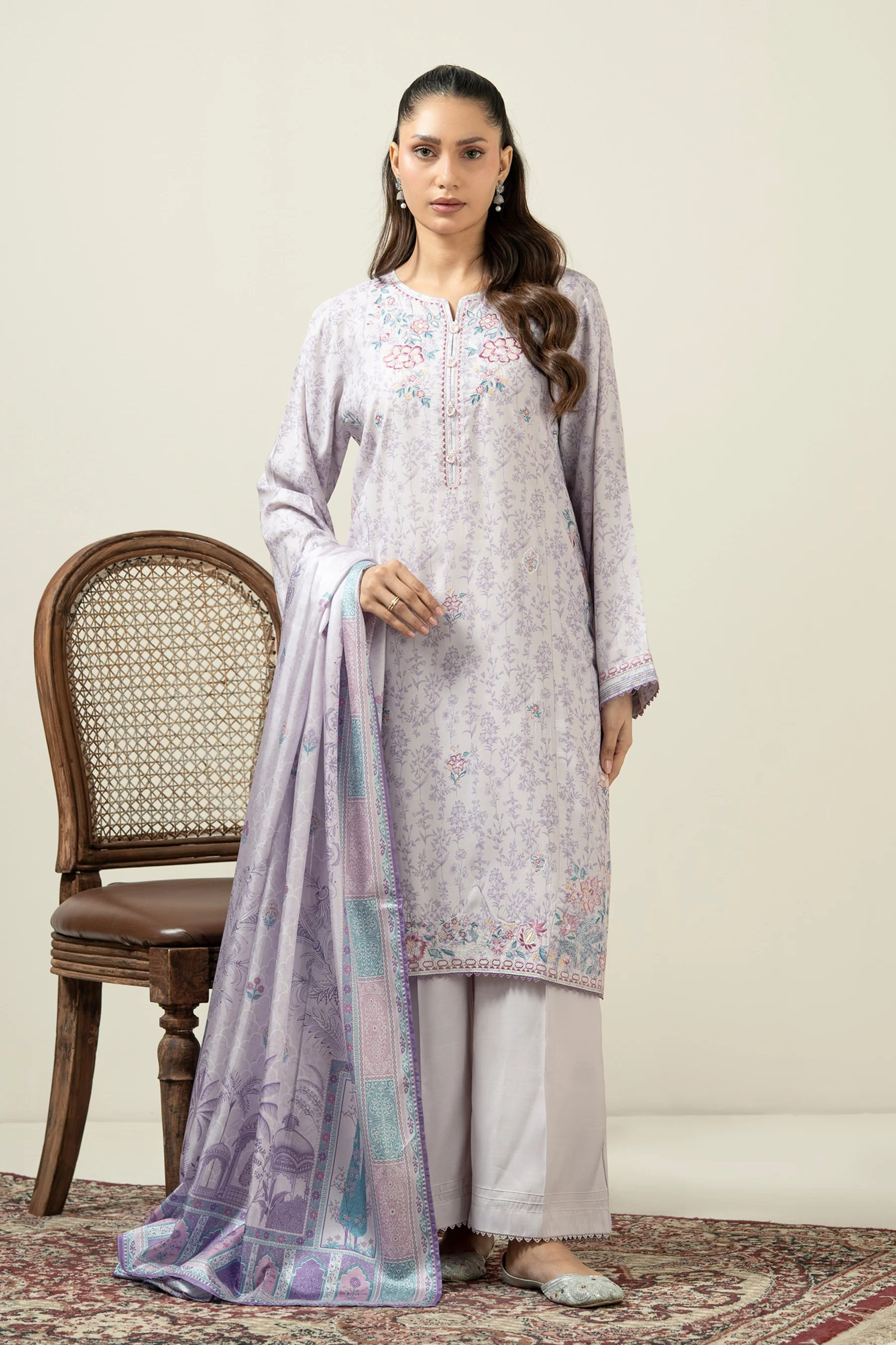 EMBROIDERED RAW SILK STITCHED 3 PIECE SUIT