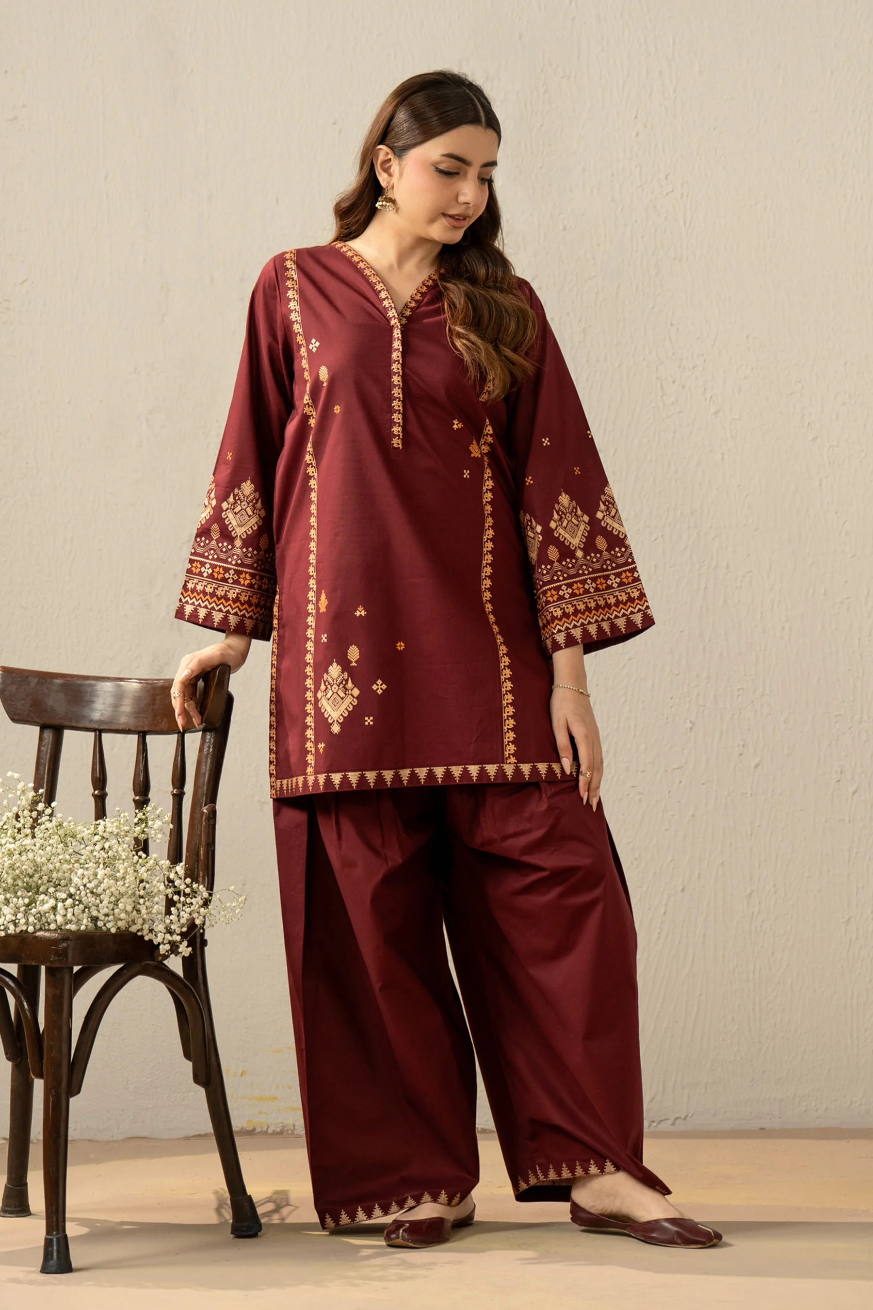 PRINTED SLUB LAWN STITCHED 2 PIECE SUIT