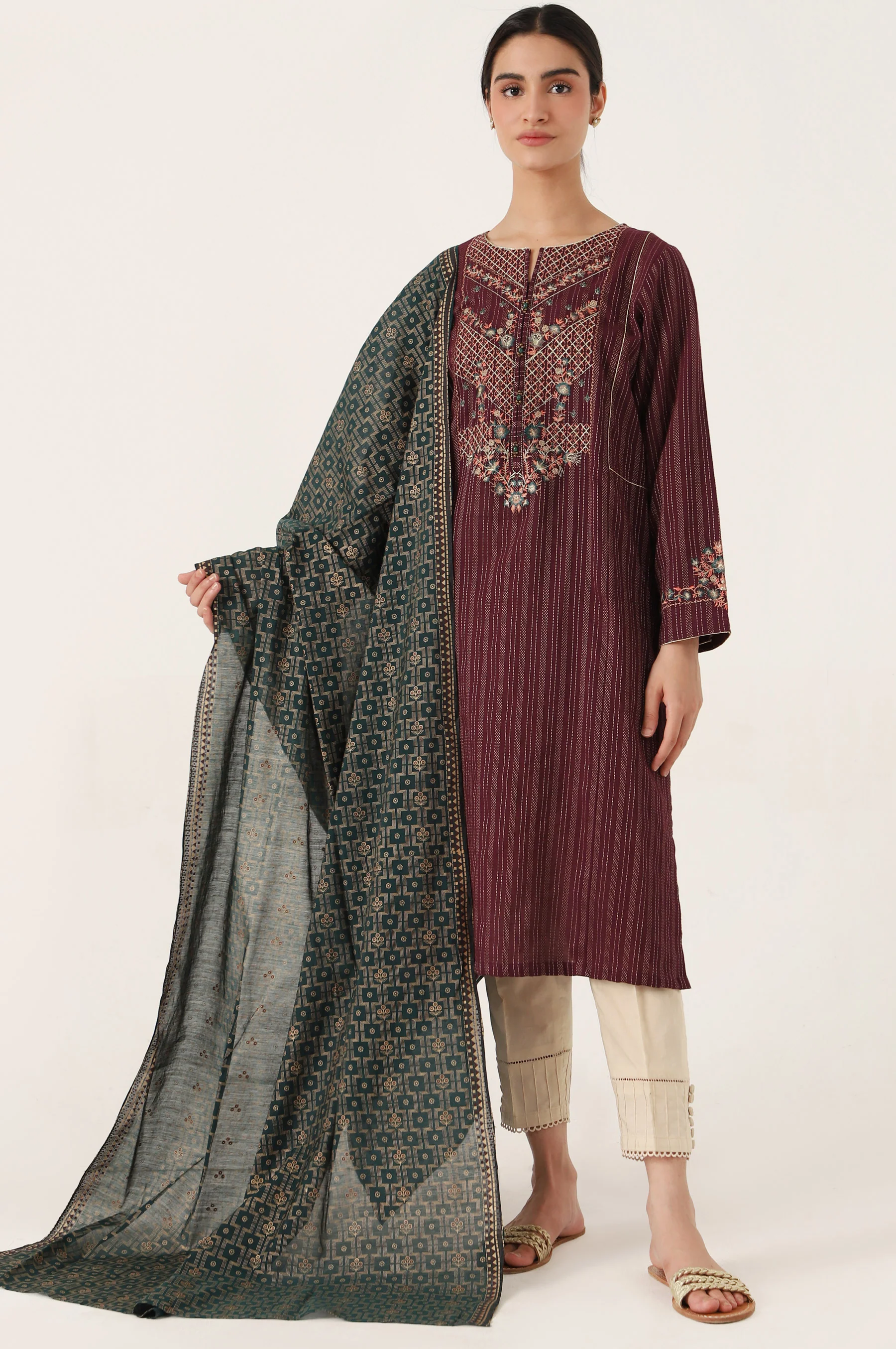 Stitched 2 Piece Embroideredm Zari Line & Screen Print Dupatta - Image 2