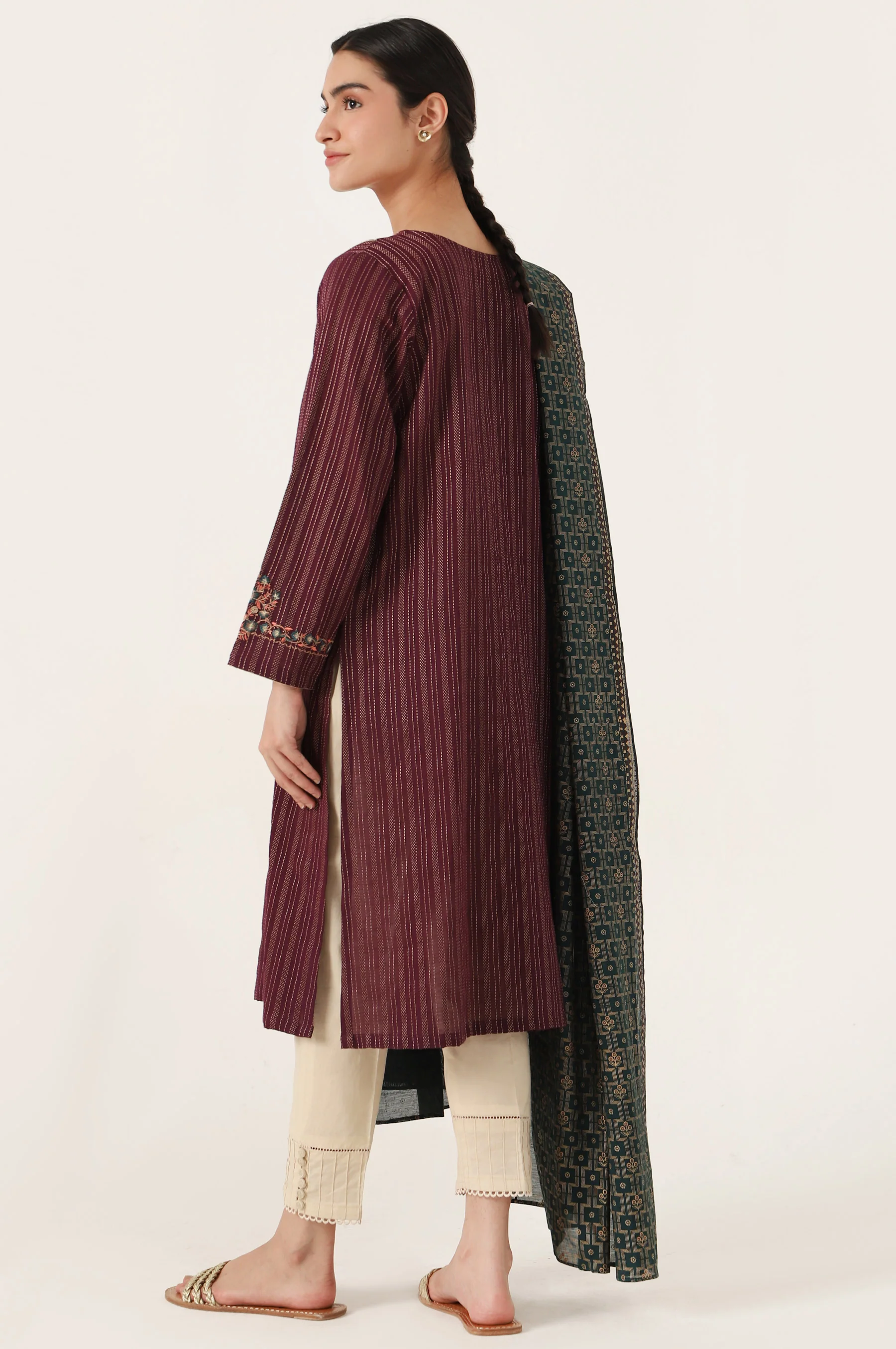Stitched 2 Piece Embroideredm Zari Line & Screen Print Dupatta - Image 3