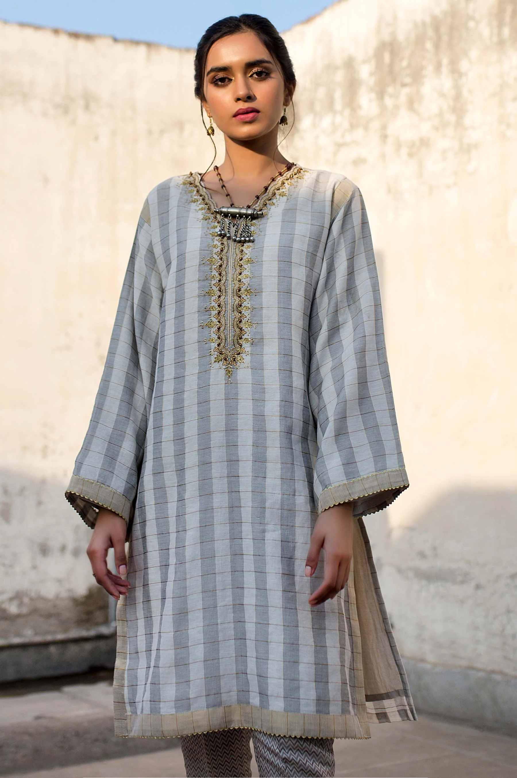 Stitched 1 Piece Checkered Cotton Embroidered Shirt - Image 5