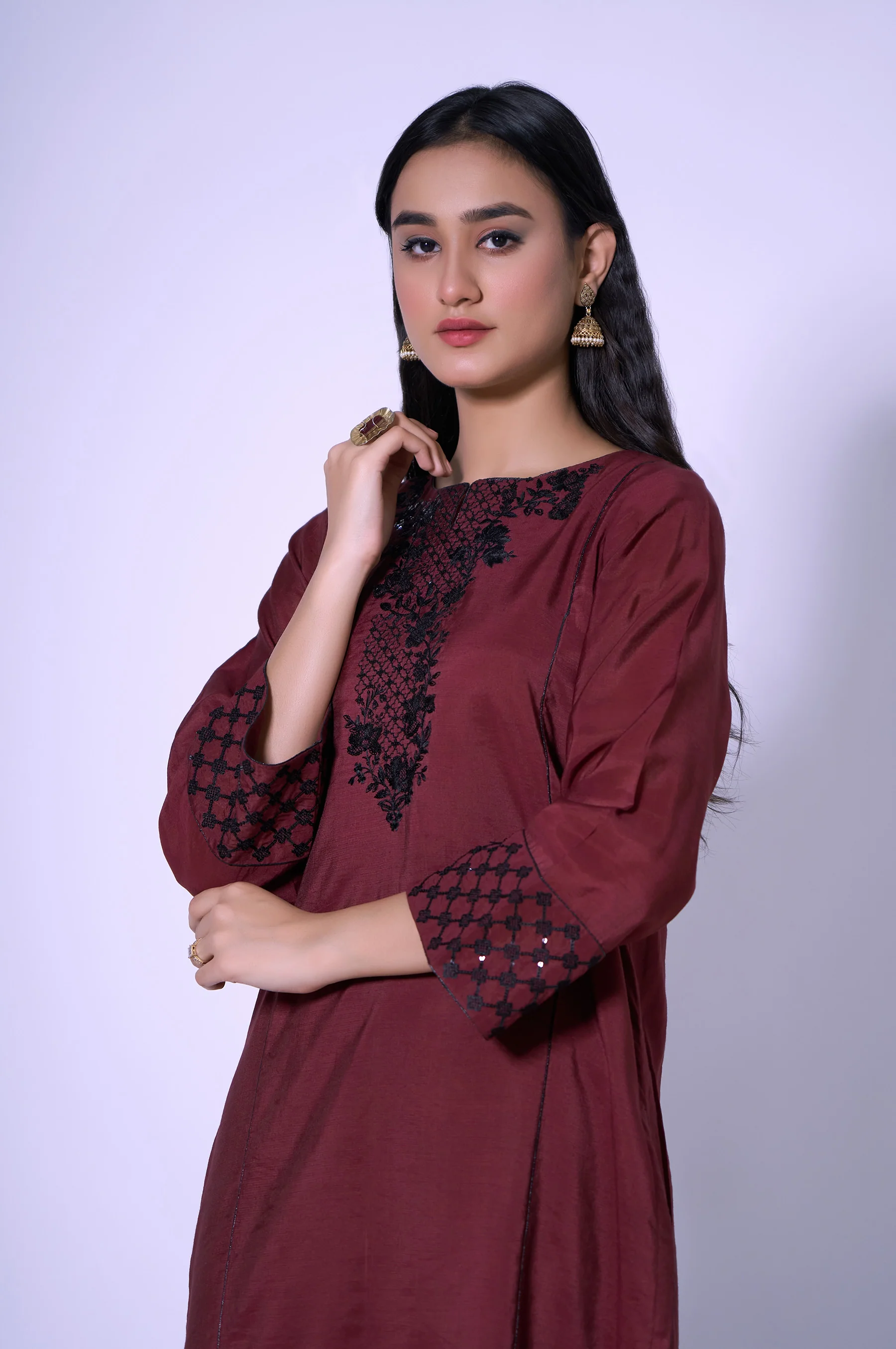 Stitched 1 Piece Paper Cotton Sequin Embroidered Shirt - Image 5