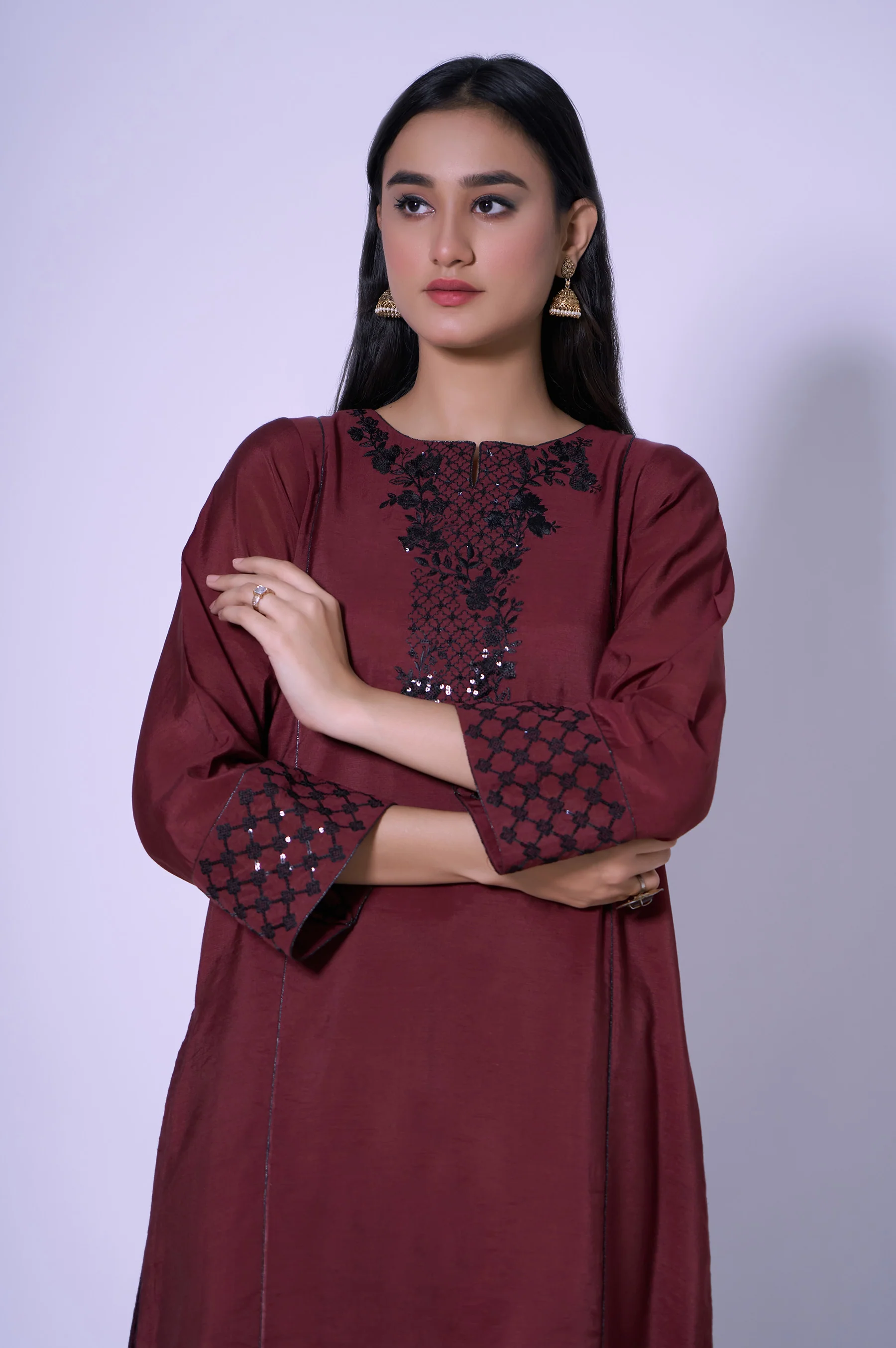 Stitched 1 Piece Paper Cotton Sequin Embroidered Shirt - Image 6