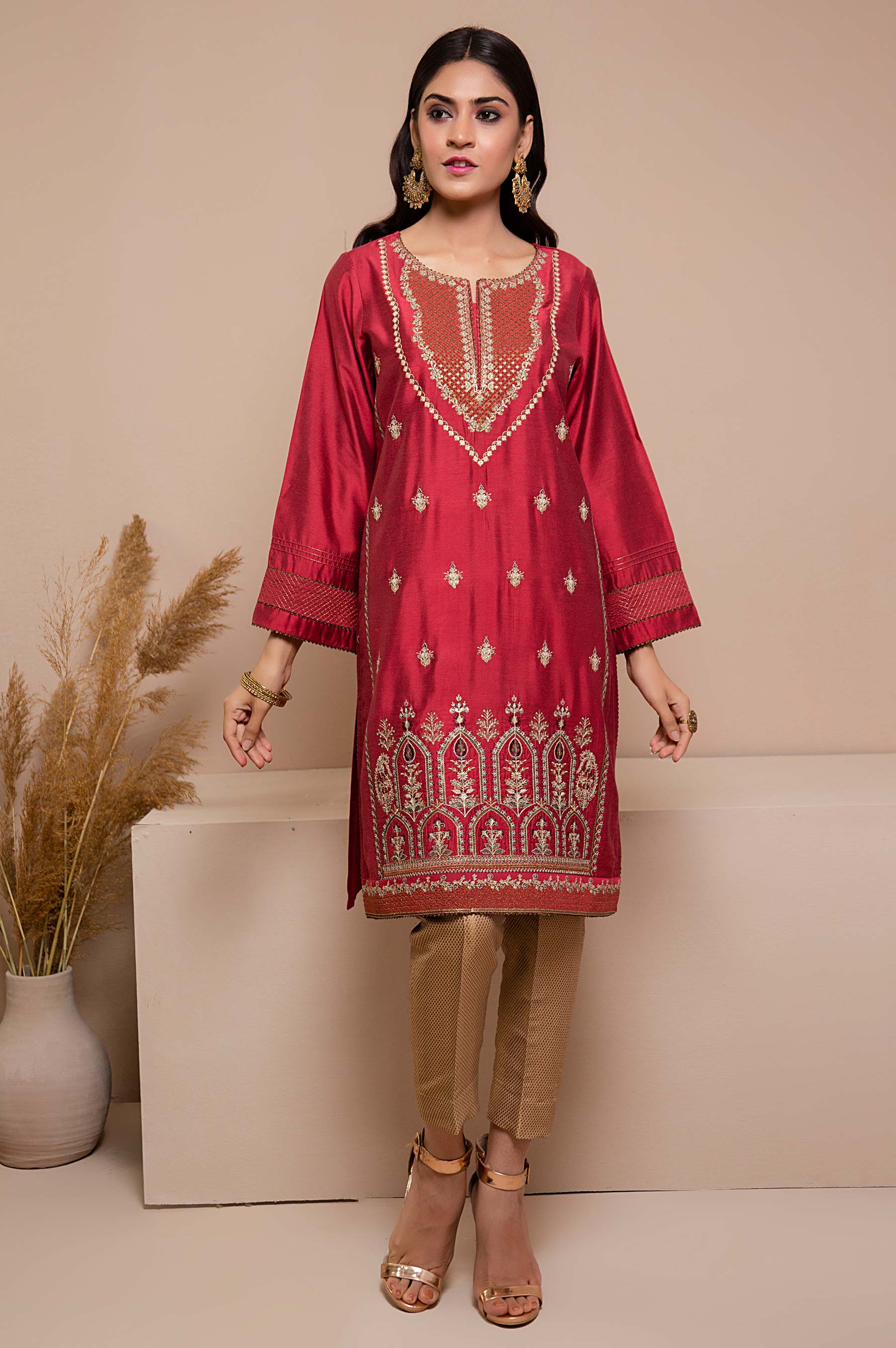 Stitched 1 Piece Cotton Silk Embroidered Shirt - Image 2